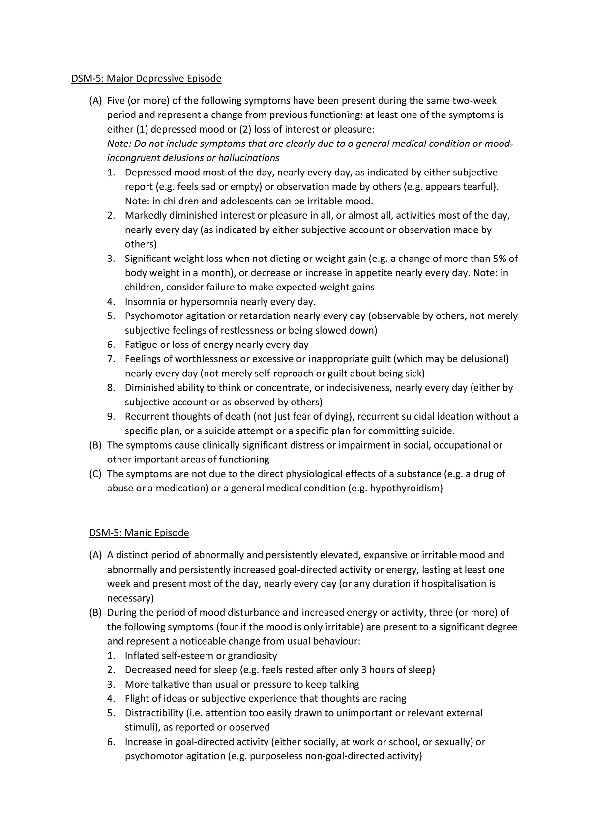 DSM-5 Ch7 - SLK DSM requirements - DSM-5: Major Depressive Episode (A ...