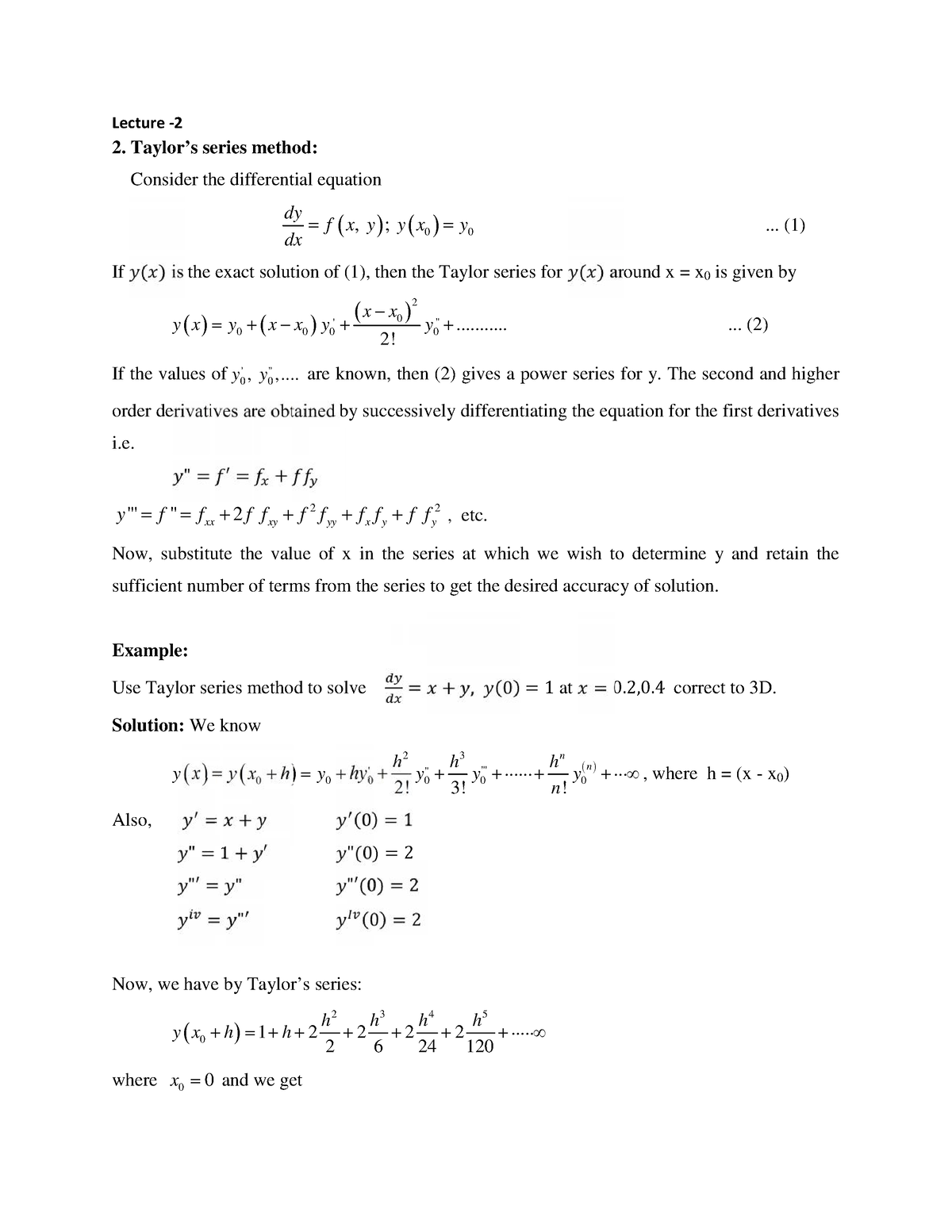 Lecture 2 - Lecture - 2 Taylor’s series method: Consider the ...