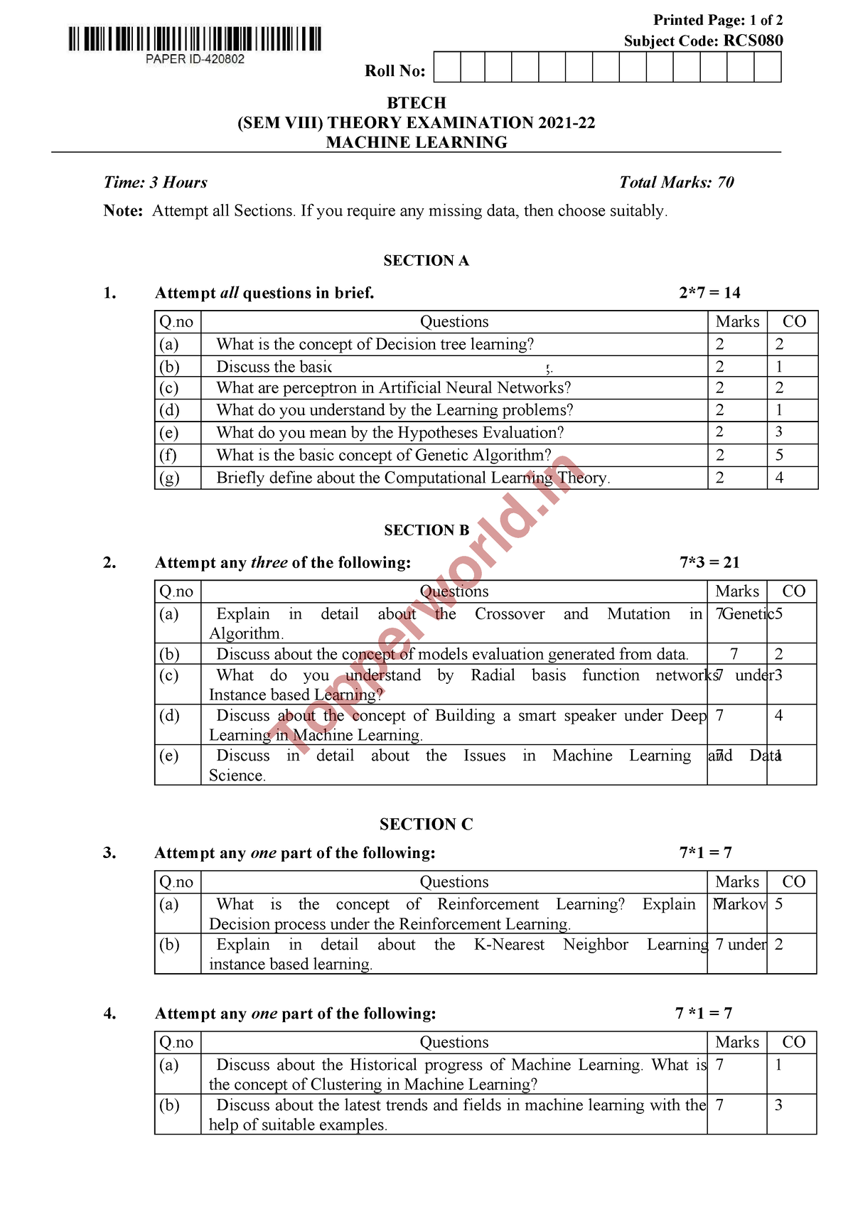 ML 2022 AKTU CSE - wf fvwe - Printed Page: 1 of 2 Subject Code: RCS 0 ...