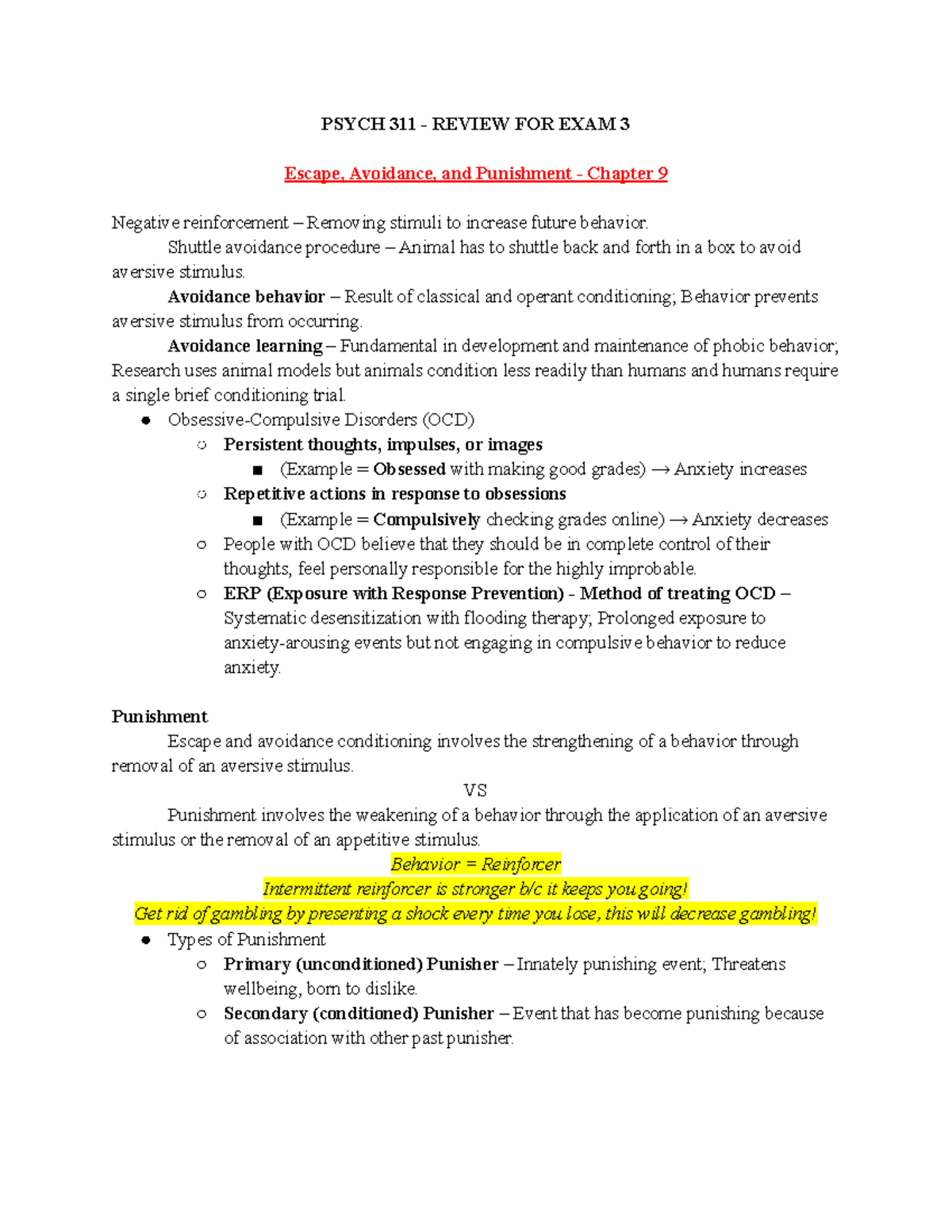 Psych 311 - Exam 3 Review Sheet - PSYCH 311 - REVIEW FOR EXAM 3 Escape ...