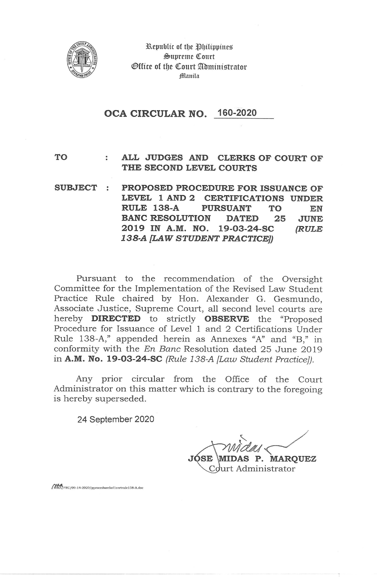 OCA-Circular-No - lecture notes - Juris Doctor - Studocu