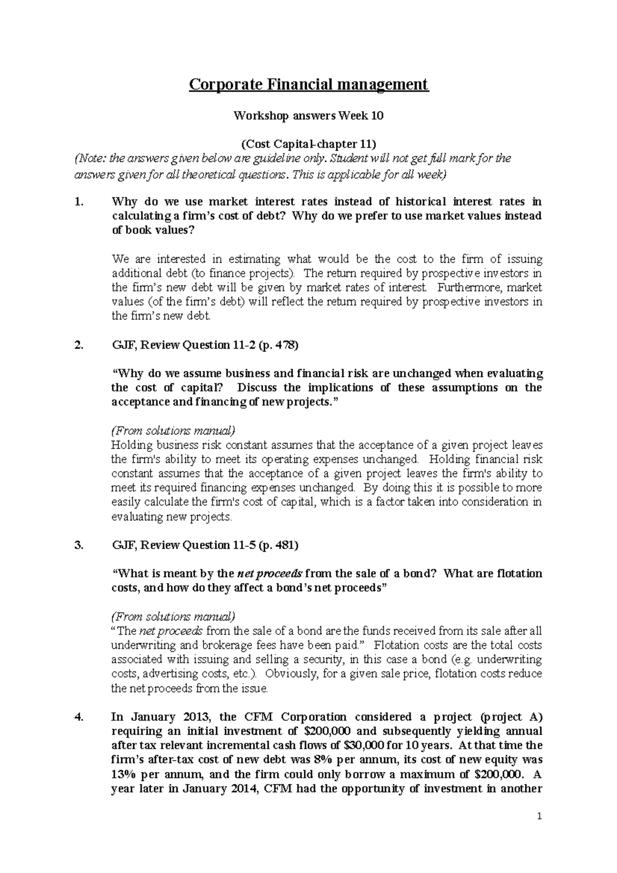 Answers For Workshop 10 10 Corporate Financial Management Workshop
