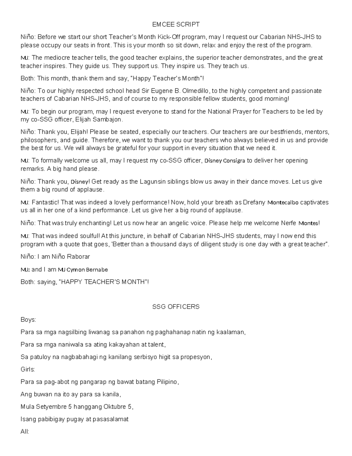 617604127- Emcee- Script - EMCEE SCRIPT Niño: Before we start our short ...