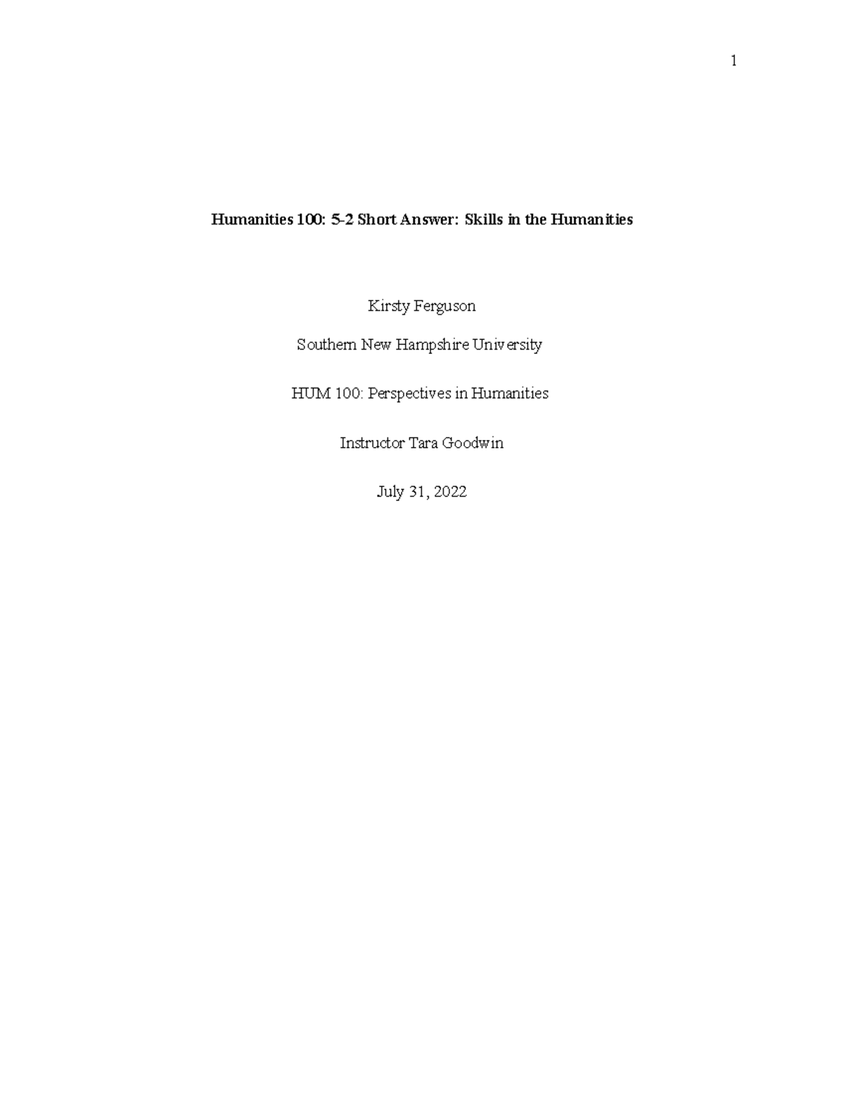 HUM 100 5 2 Short Answer Skills In The Humanities Humanities 100 