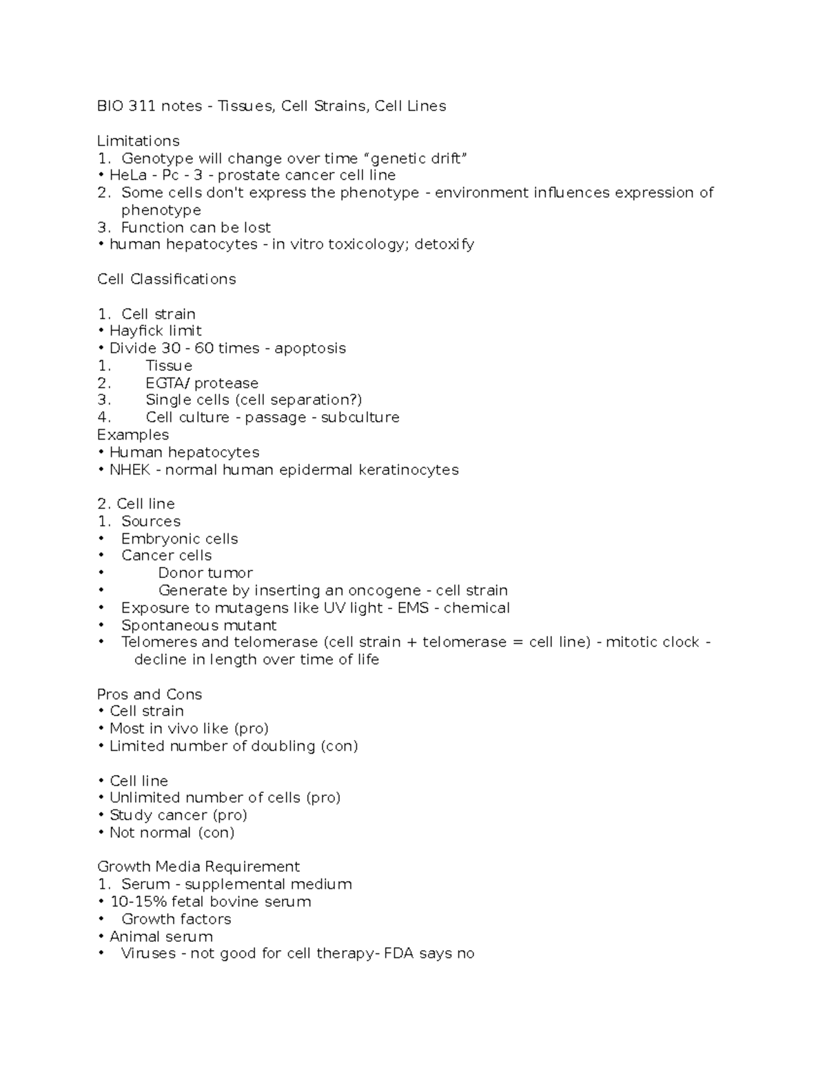 BIO 311 notes - BIO 311 notes - Tissues, Cell Strains, Cell Lines ...