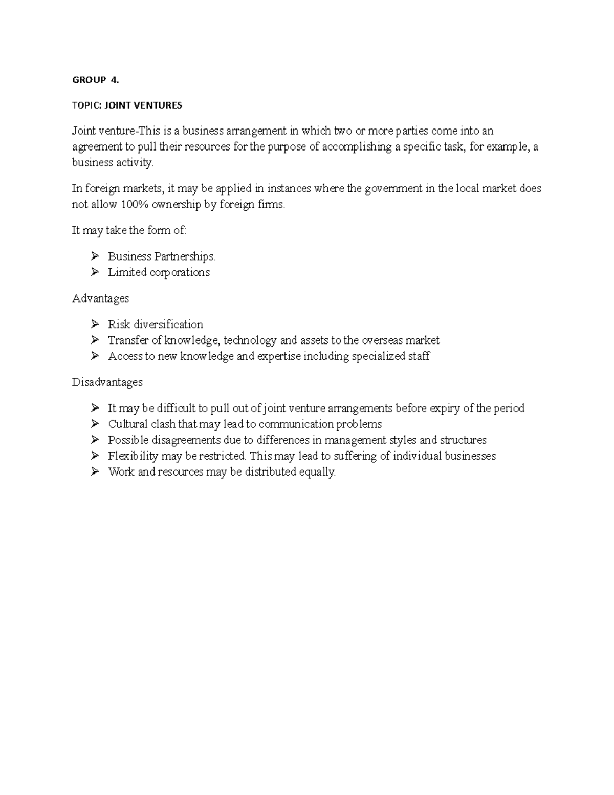 Group 4 Joint Ventures GROUP 4. TOPIC JOINT VENTURES Joint venture