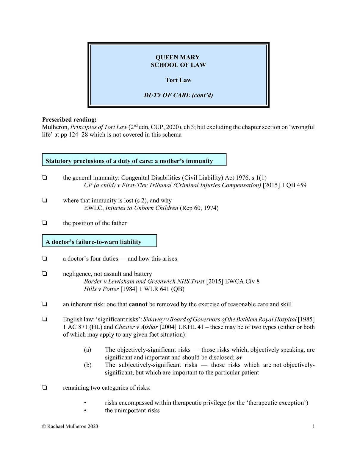 Duty Of Care Lecture Slides - QUEEN MARY SCHOOL OF LAW Tort Law DUTY OF ...