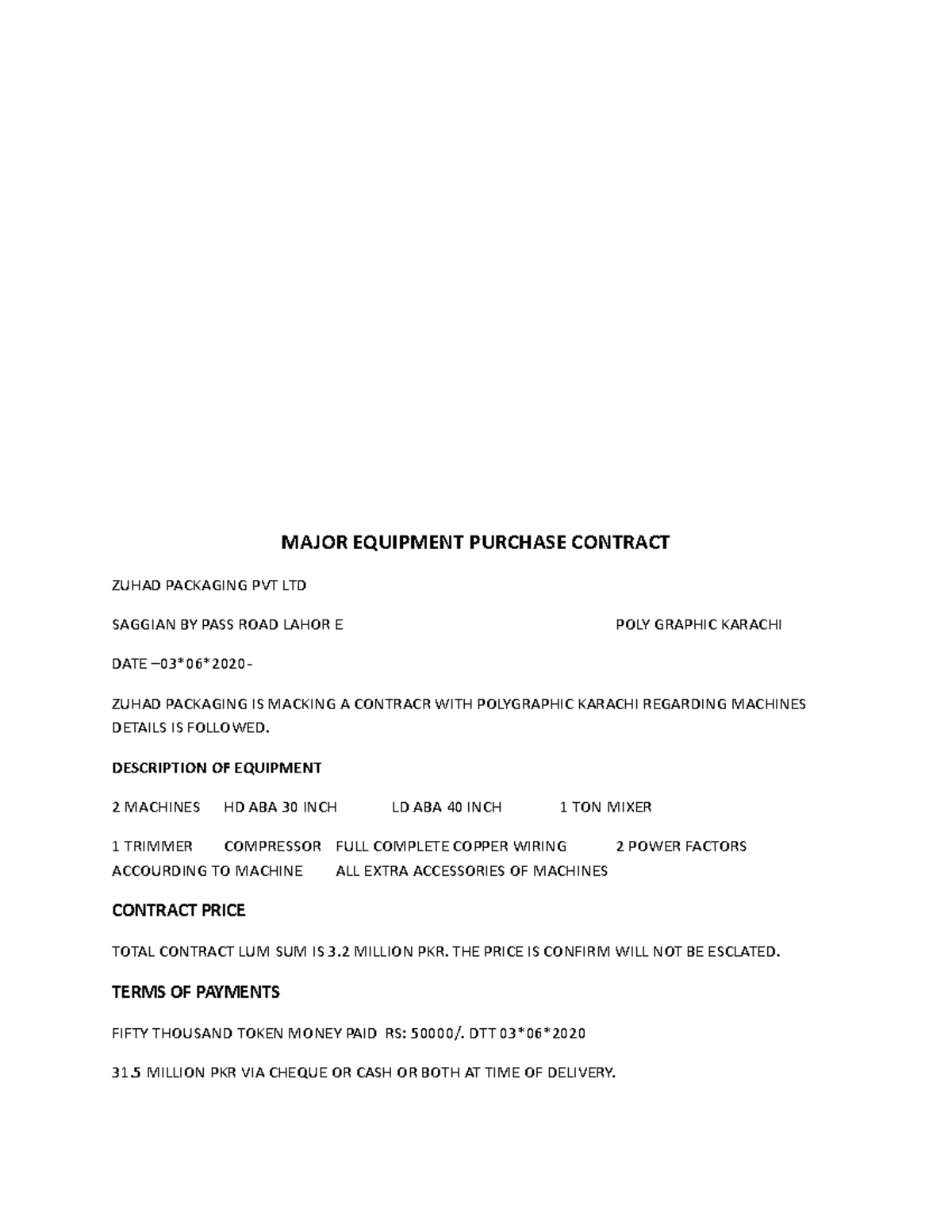 Major Equipment Purchase Contract MAJOR EQUIPMENT PURCHASE CONTRACT