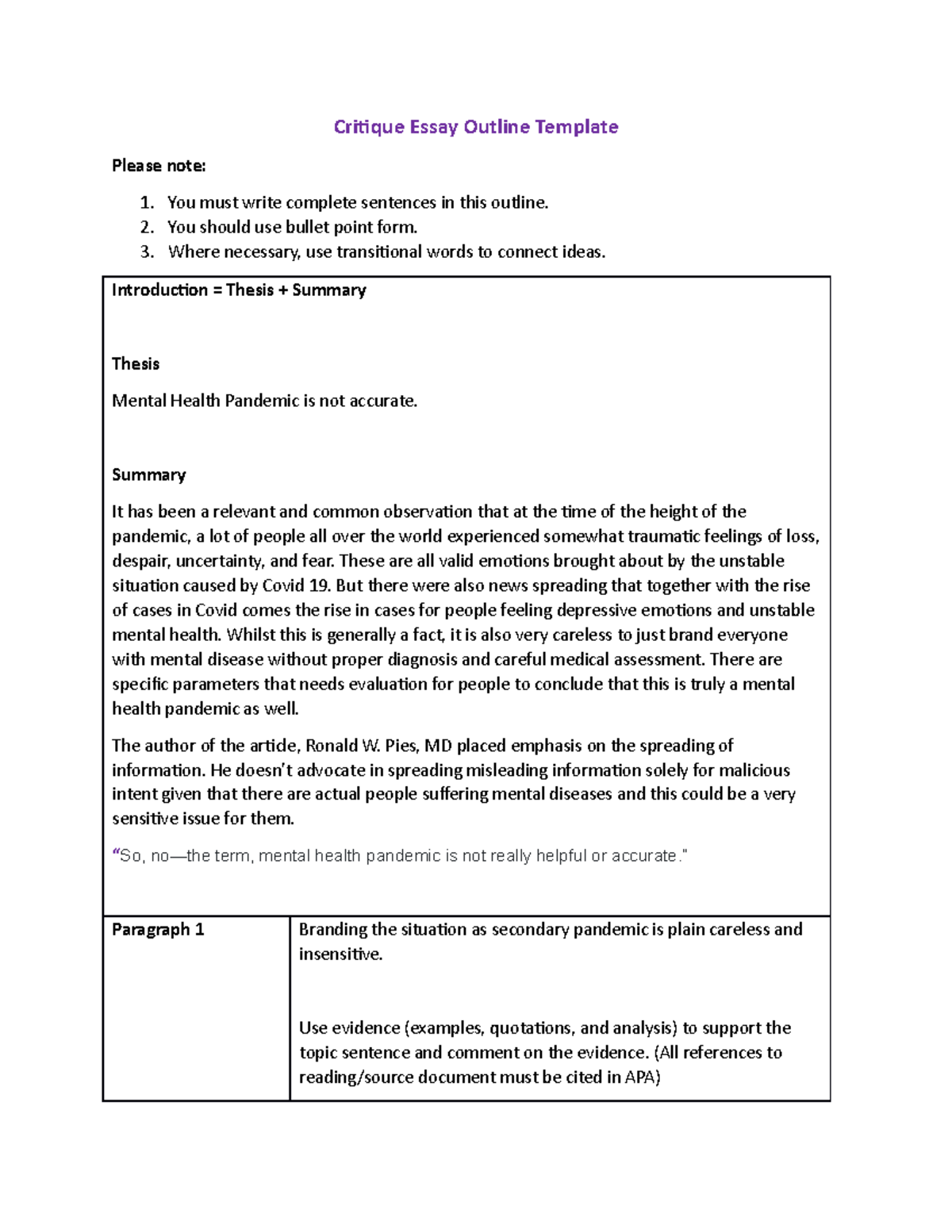 critique essay outline template