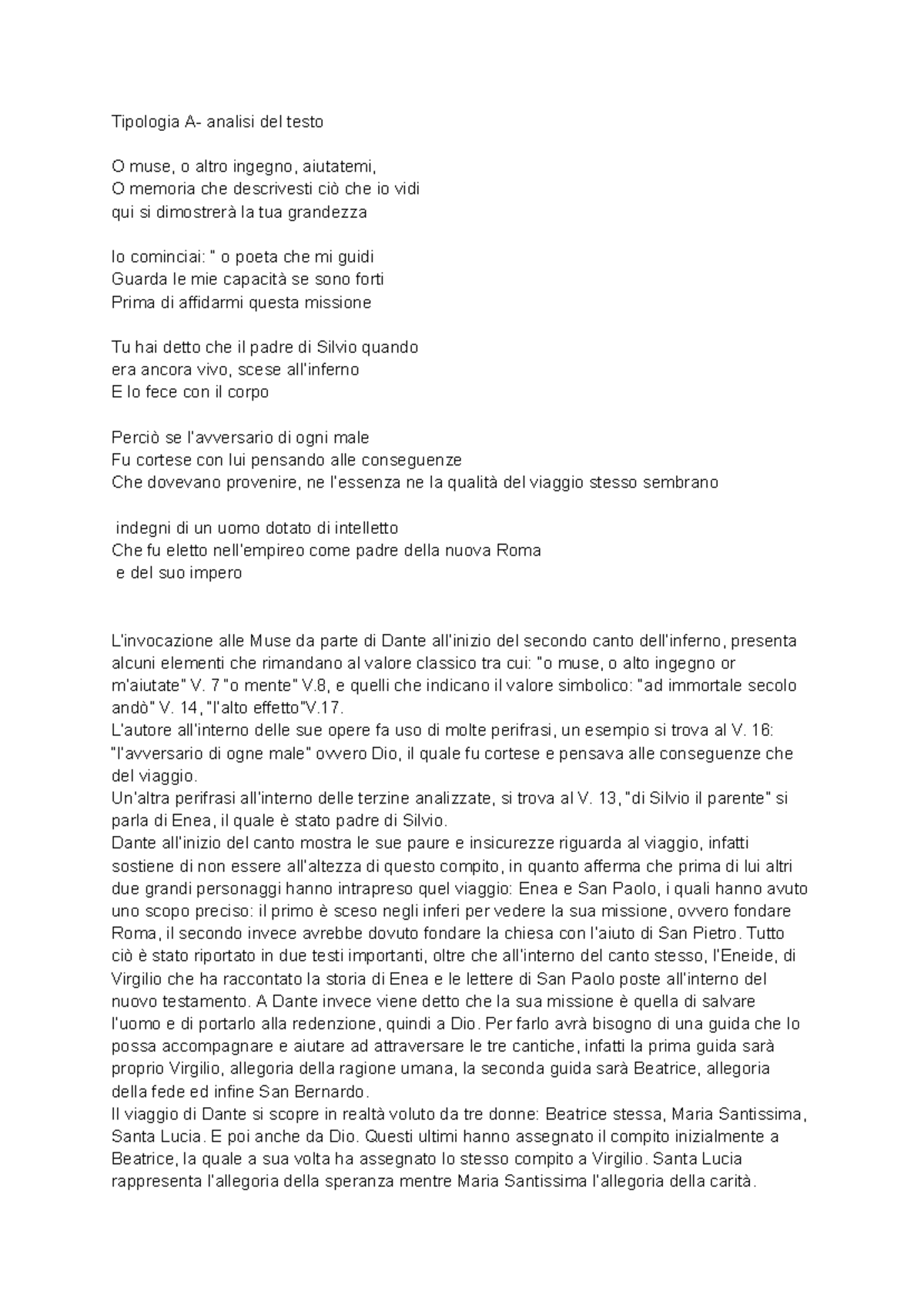 Tema inferno canto II - Tipologia A- analisi del testo O muse, o altro ...