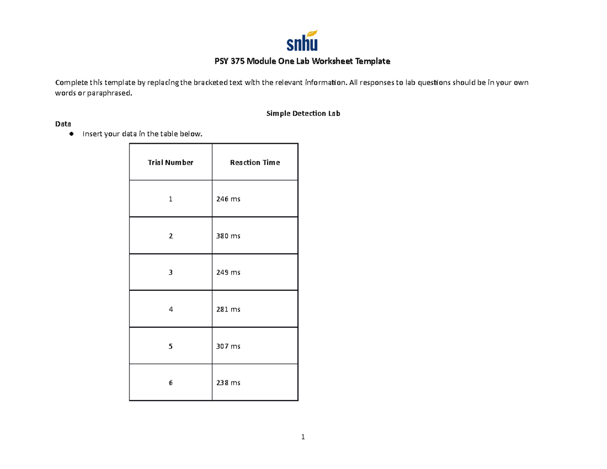 PSY 375 Module One Lab Worksheet - All Responses To Lab Questions ...