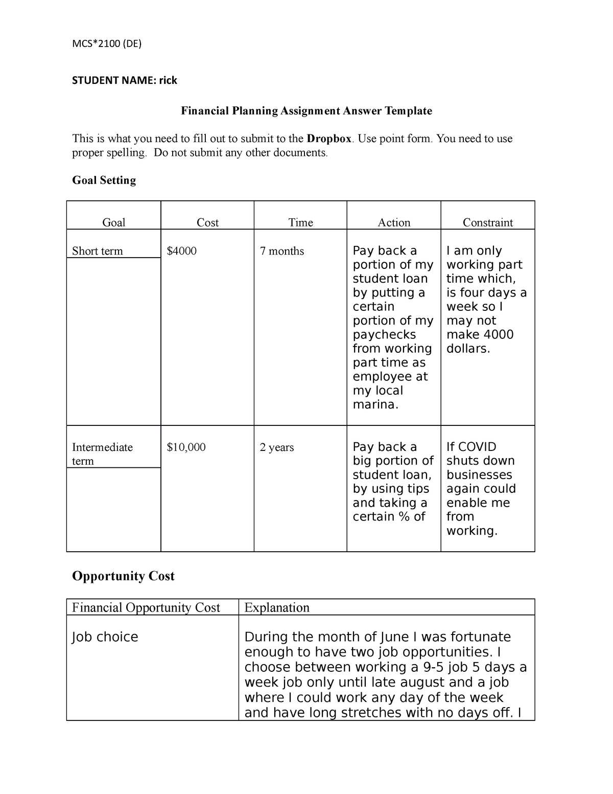 financial planning assignment answers