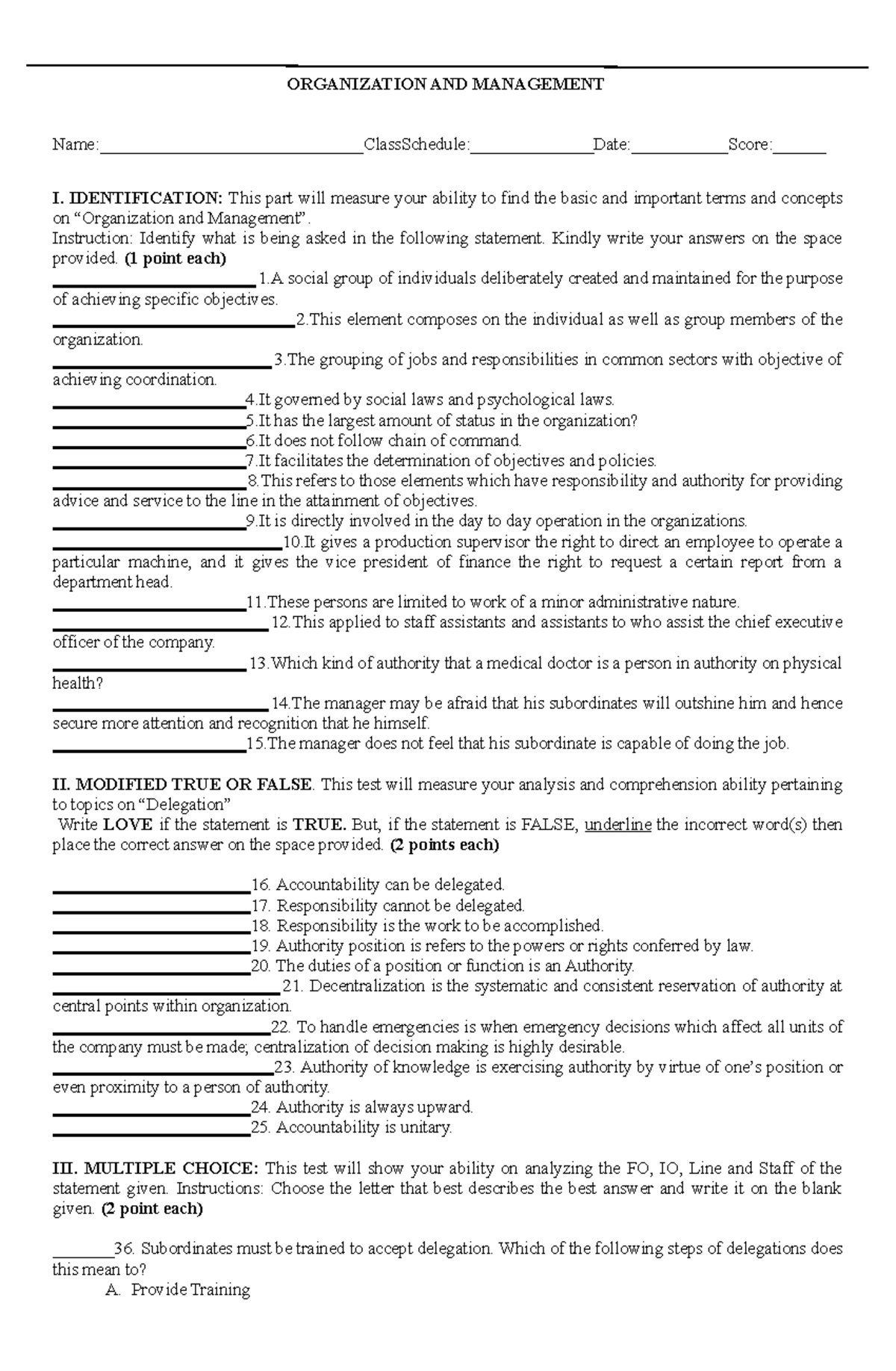 Sample MT EXAM OM - ORGANIZATION AND MANAGEMENT - Studocu