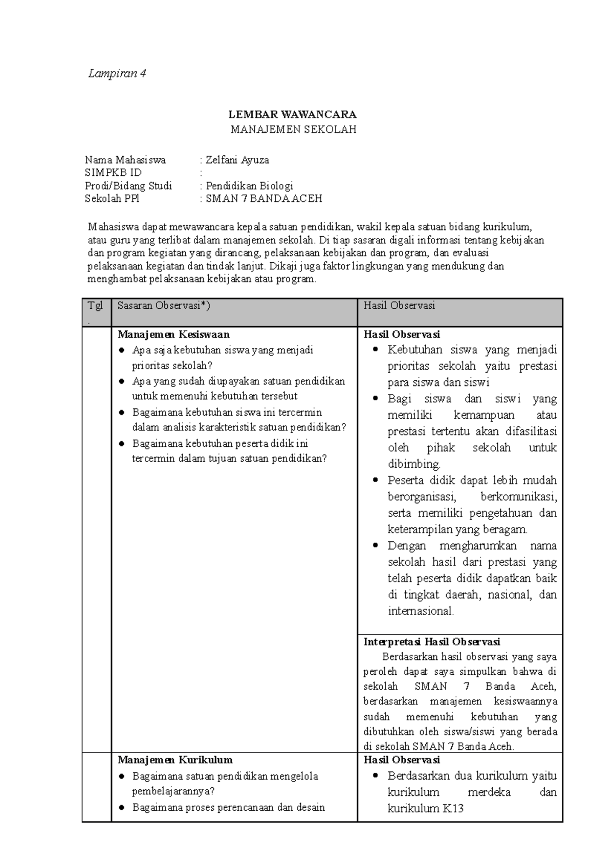Lampiran 4 Contoh Format Lembar Observasi Manajemen Sekolah