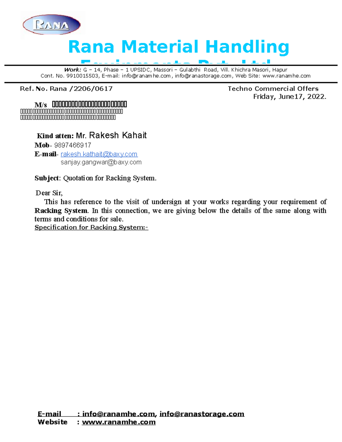 Quotation for Racking - ASEDVFCSDF - Work: G – 14, Phase – 1 UPSIDC ...