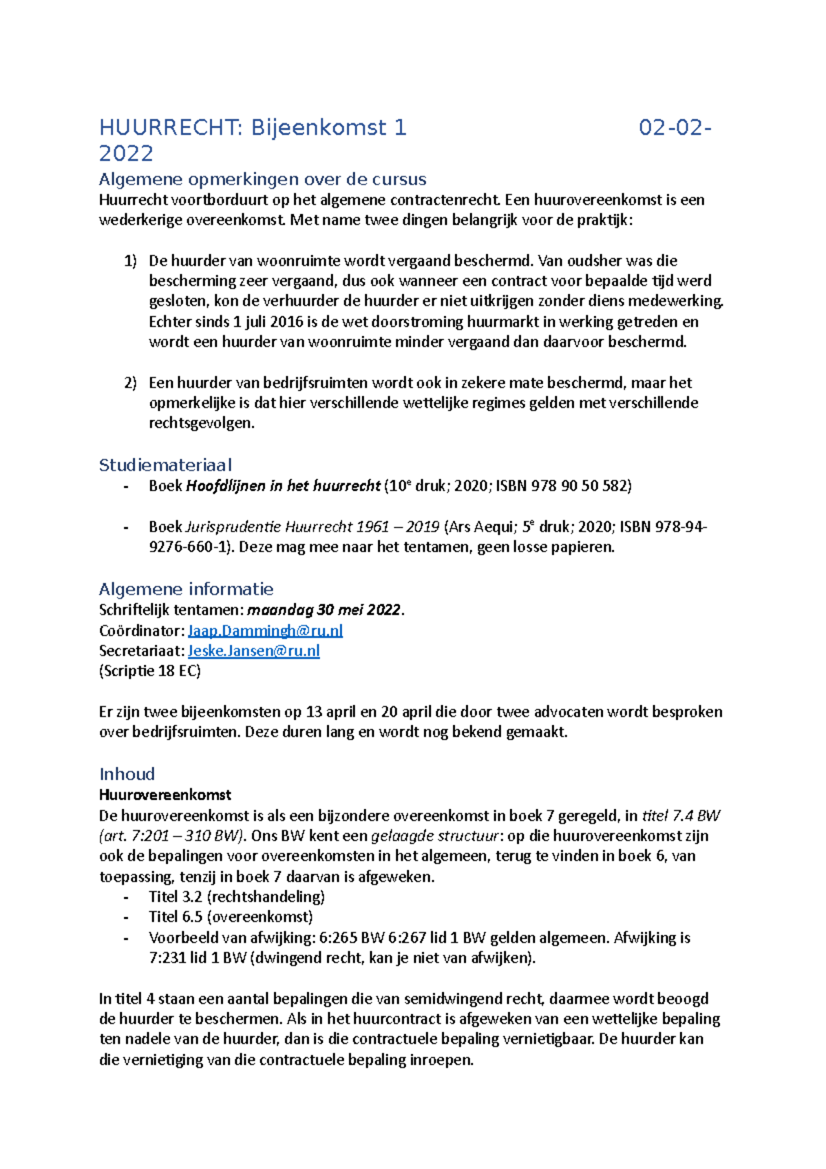 Werkgroepen - HUURRECHT: Bijeenkomst 1 02-02- 2022 Algemene Opmerkingen ...