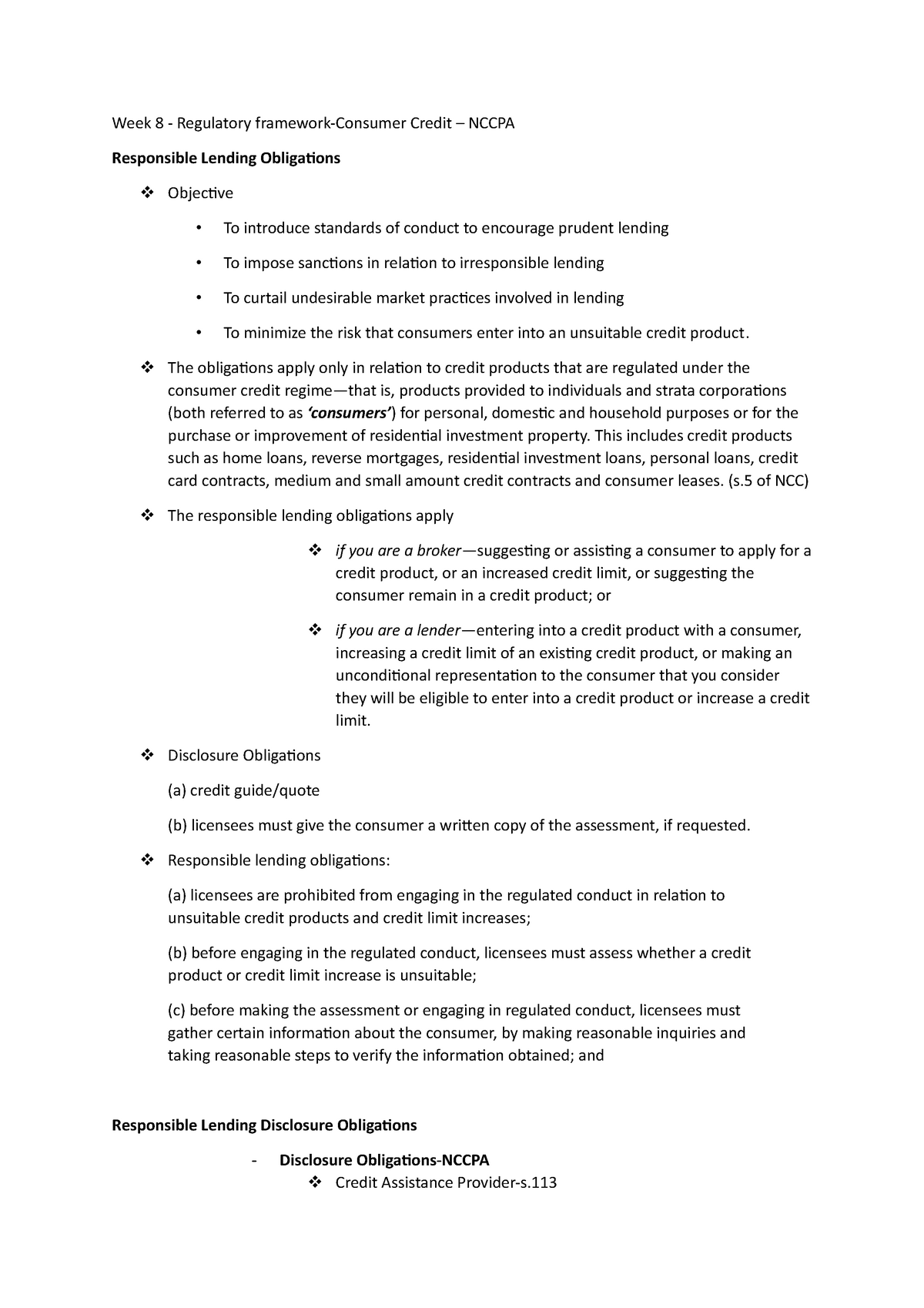 Week 8 Consumer Lending P2 - Week 8 - Regulatory Framework-Consumer ...