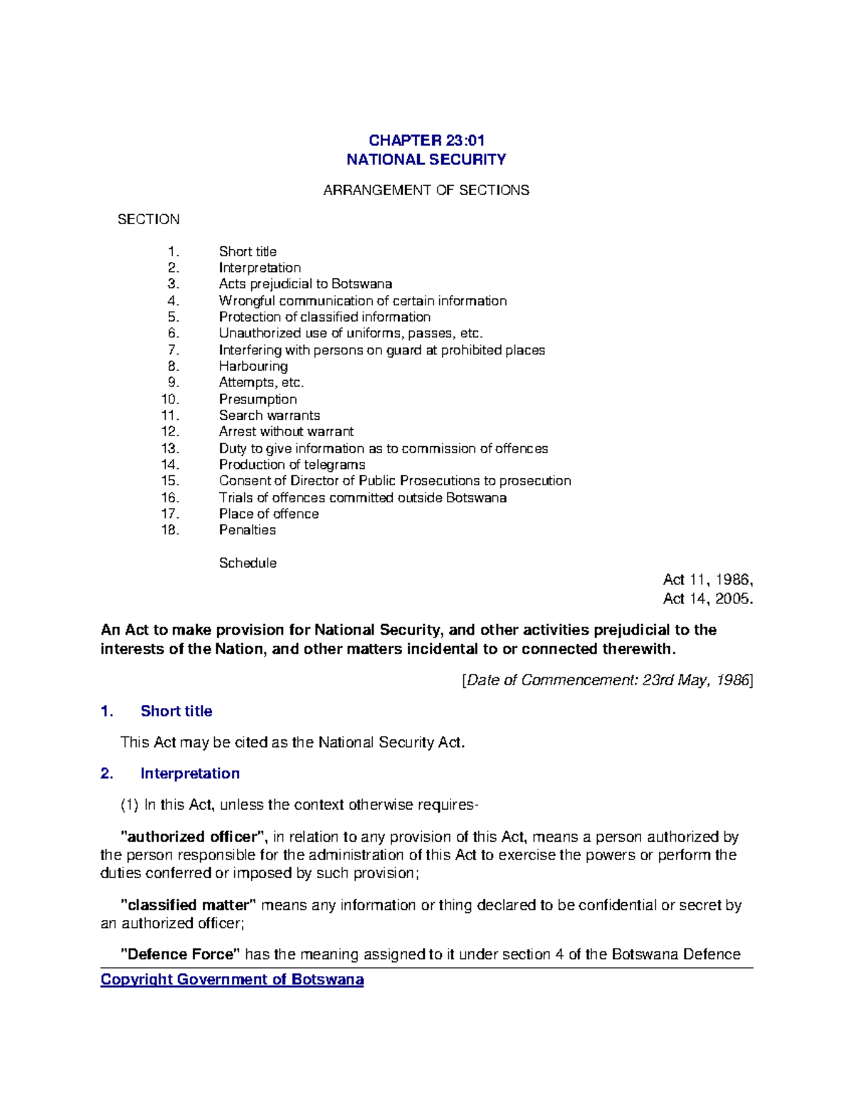 National Security Act CHAPTER 23 NATIONAL SECURITY ARRANGEMENT OF SECTIONS SECTION Short