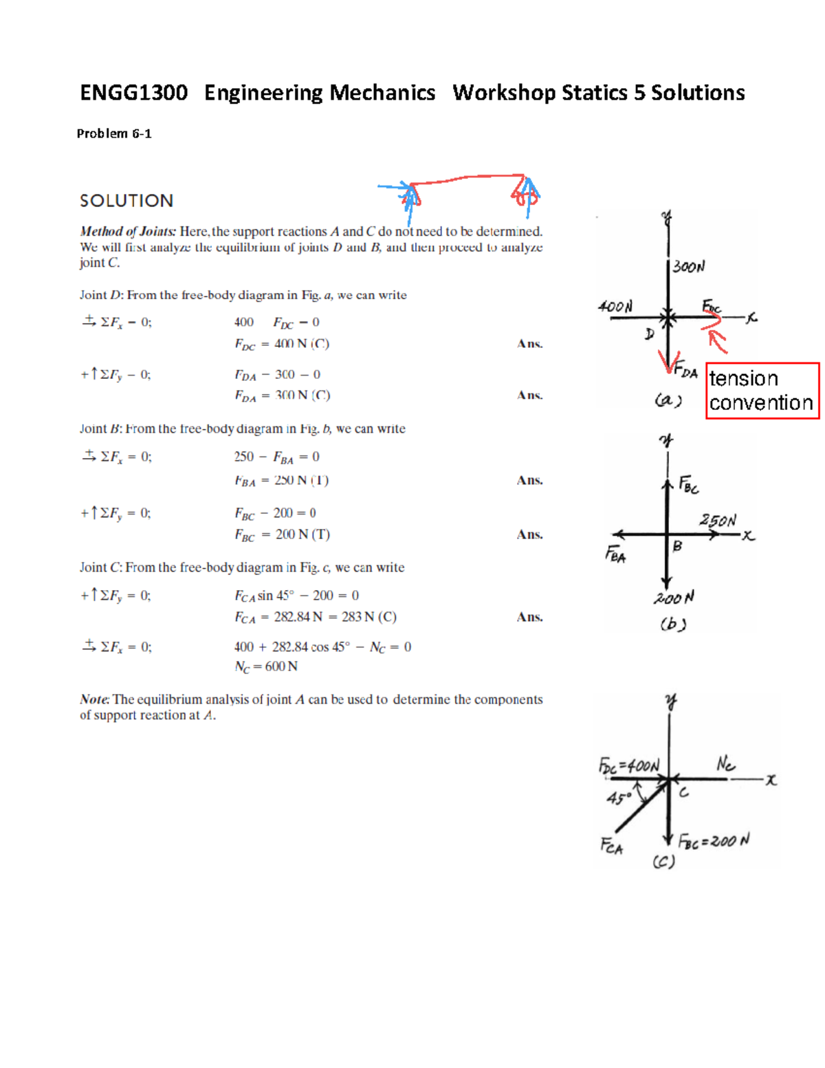 Workshop-S 5 Solutions - ENGG1300 - ENGG1300 Engineering Mechanics ...
