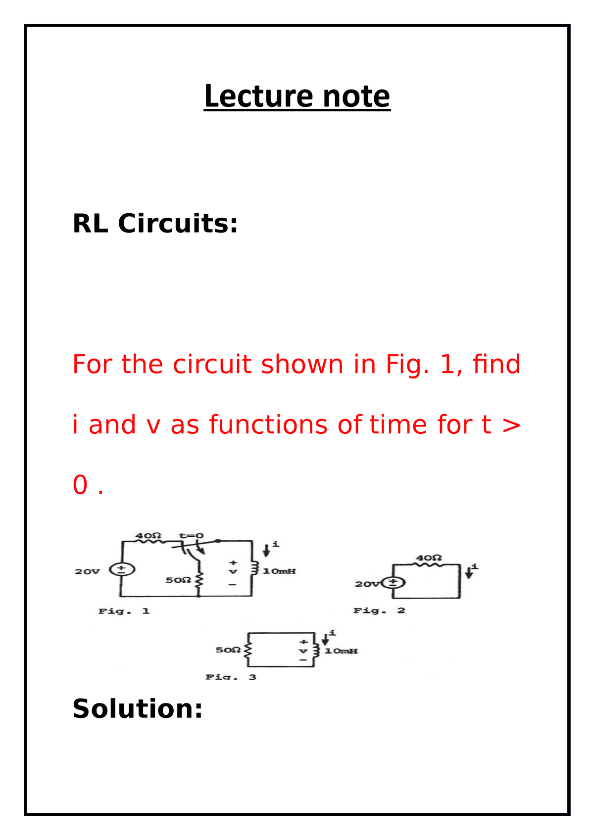 Lecture Note Of RL Circuits - Lecture Note RL Circuits: For The Circuit ...