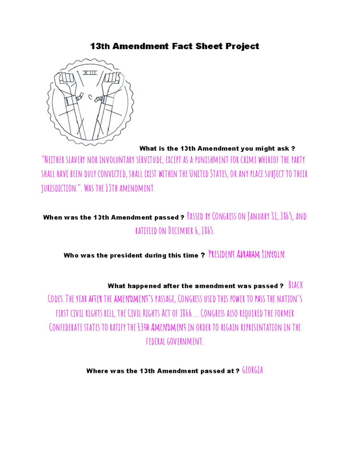 13th Amendment Fact Sheet Project 2 - 13 th Amendment Fact Sheet ...