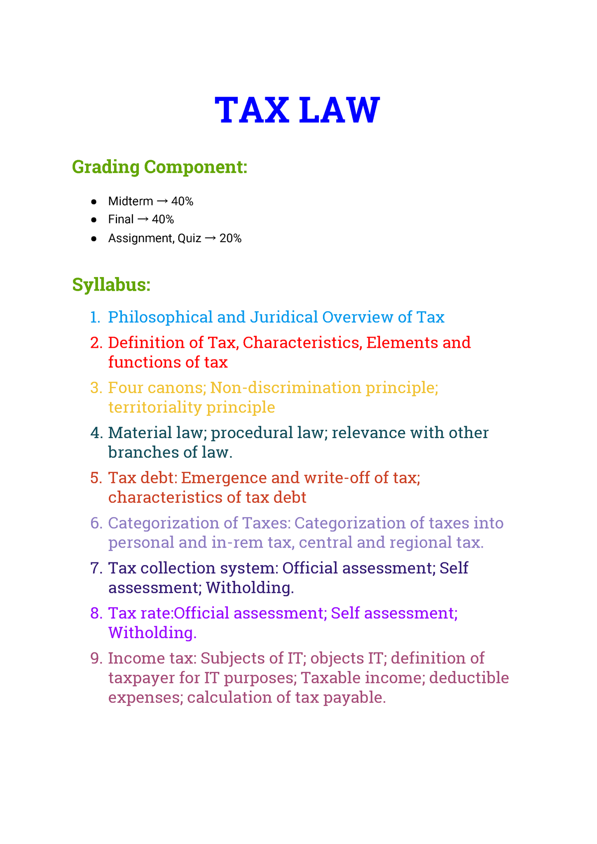 Tax Law Lecture Notes All Lectures Tax Law Grading Component Midterm → 40 Final → 40 5698