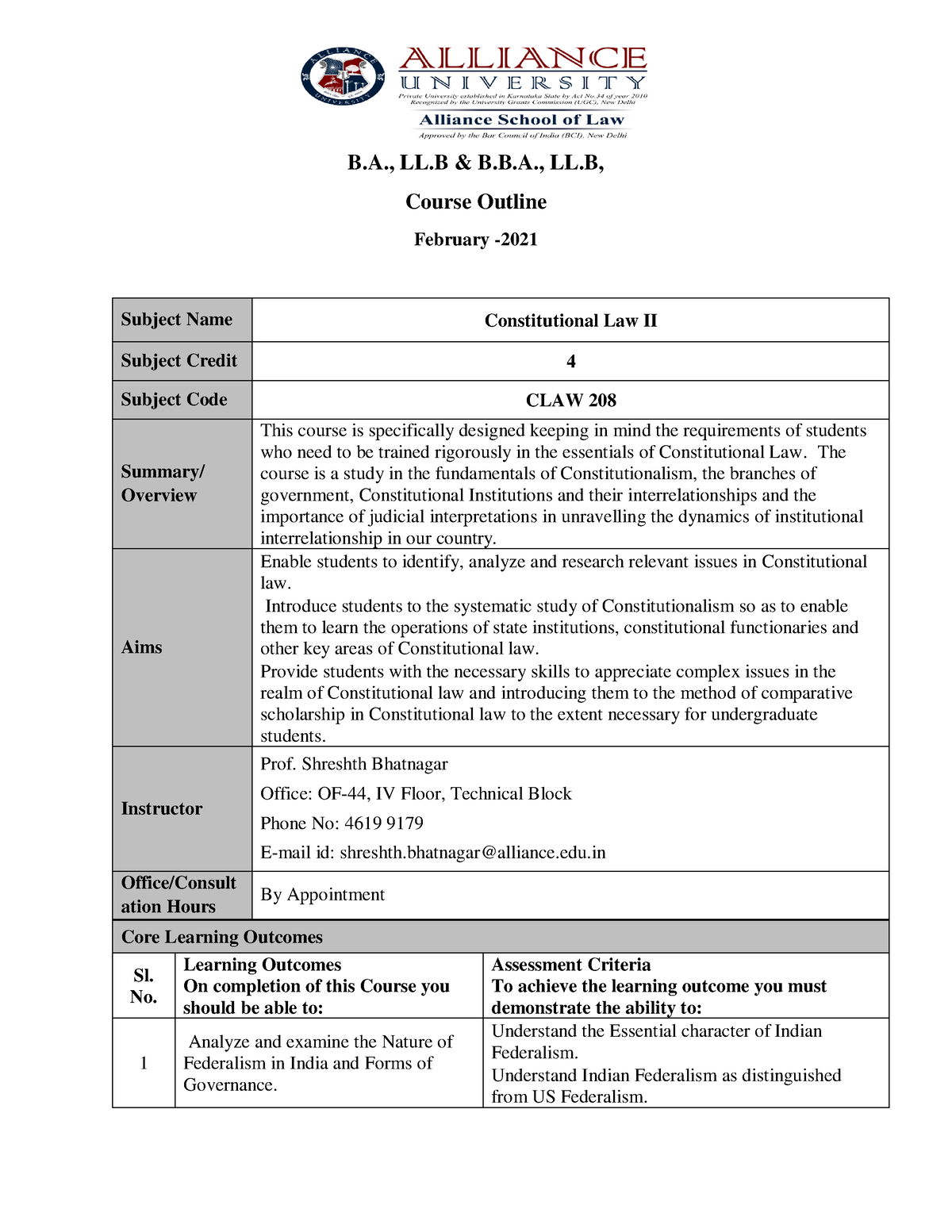 Constitutional Law II Outline - B., LL & B.B., LL, Course Outline ...