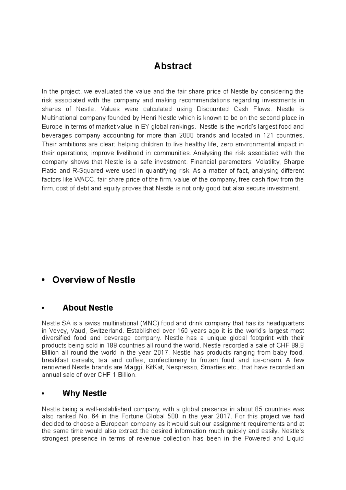 Corporate finance report one - Abstract In the project, we evaluated ...