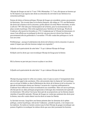 Dissertation Olympe De Gouges Corrigé Pdf Exposé - La déclaration des droits de la femme et de la citoyenne (Olympe  de Gouges) - Olympe de - Studocu