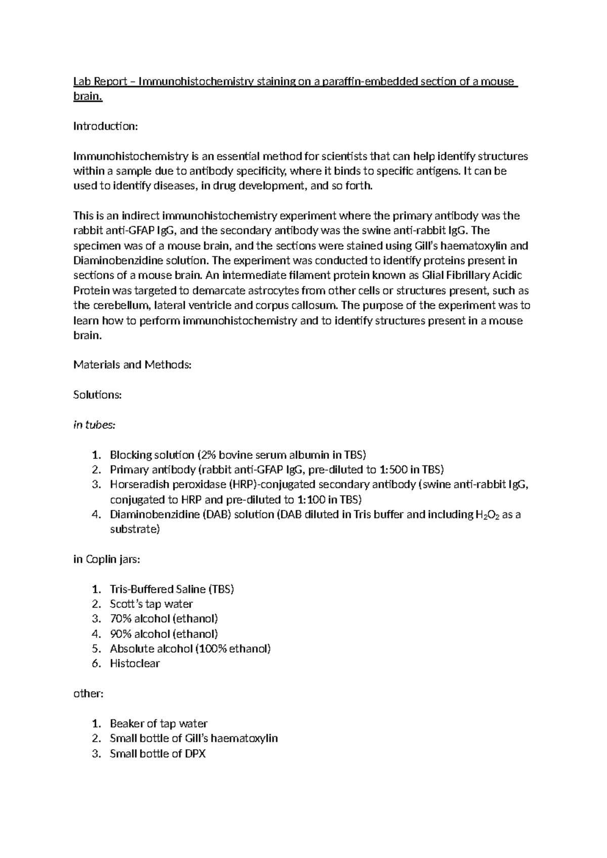 Lab Report – Immunohistochemistry staining on paraffin-embedded ...