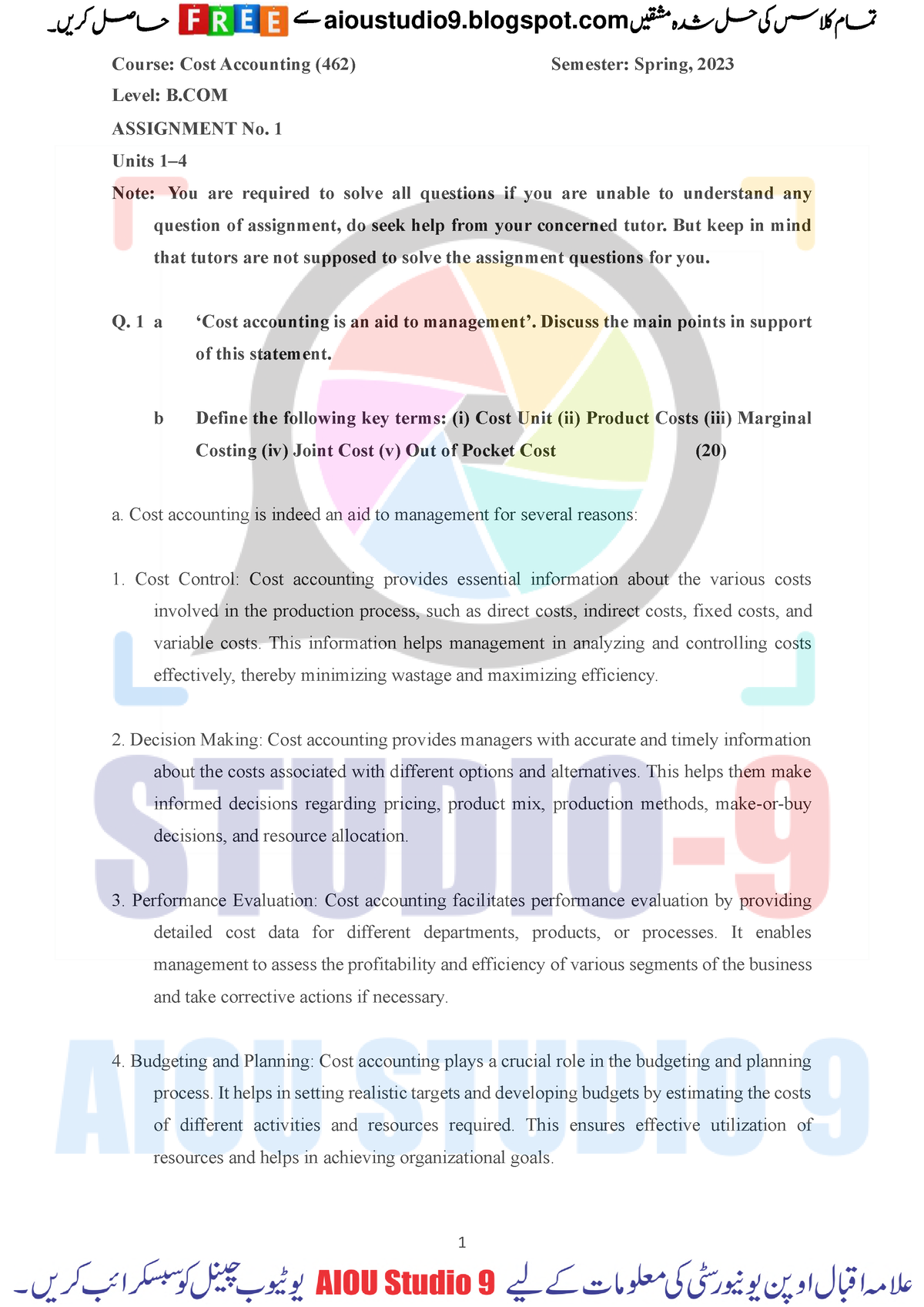 cost accounting 462 solved assignment 2021