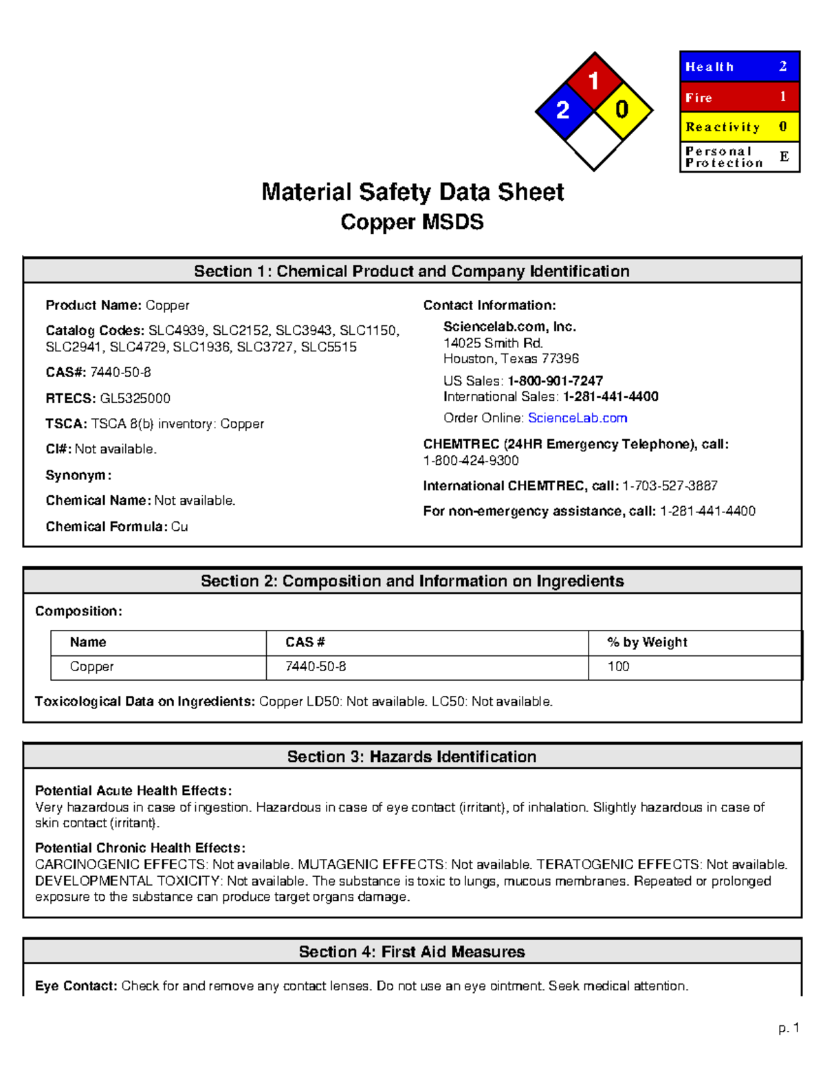 Copper - MSDS - msds of cu - 1 2 0 He a lt h Fire Re a c t iv it y P e ...