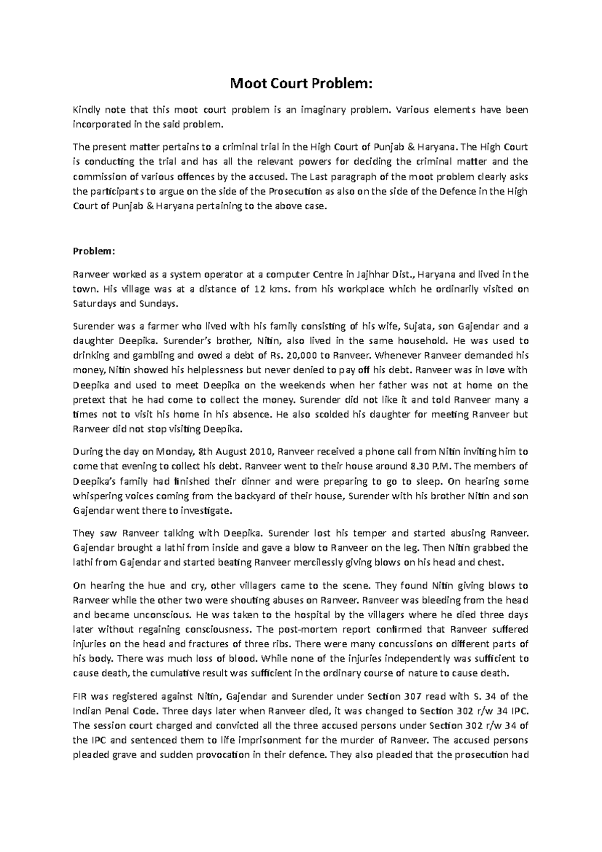 Moot court problem - Assignment - Moot Court Problem: Kindly note that ...