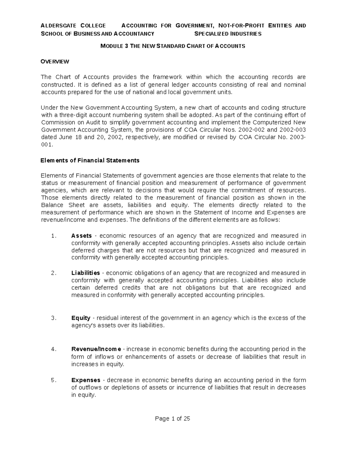 Module 3 The New Standard Chart of Accounts - SCHOOL OF BUSINESS AND ...