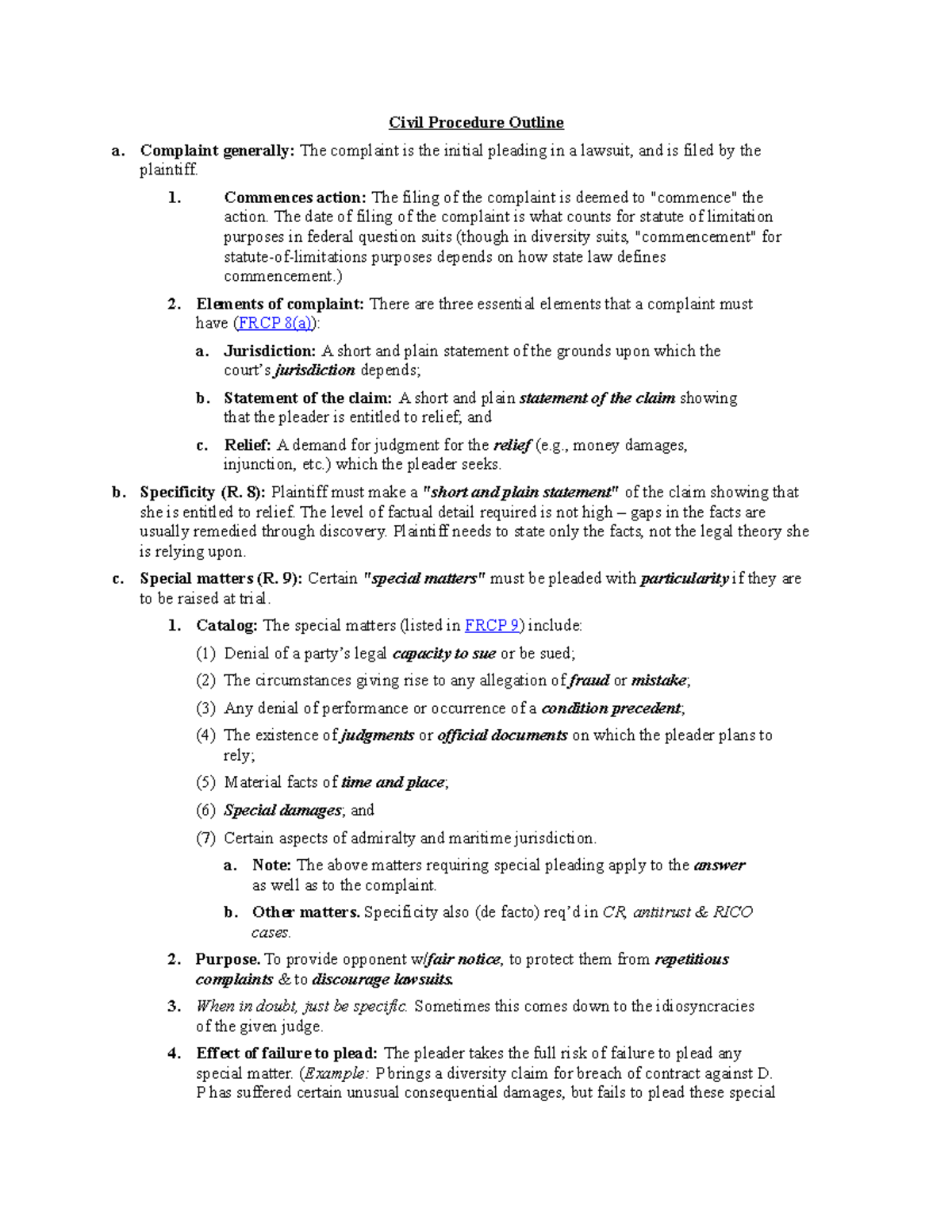 Civil Procedure Law Outline - 3 - Civil Procedure Outline a. Complaint ...