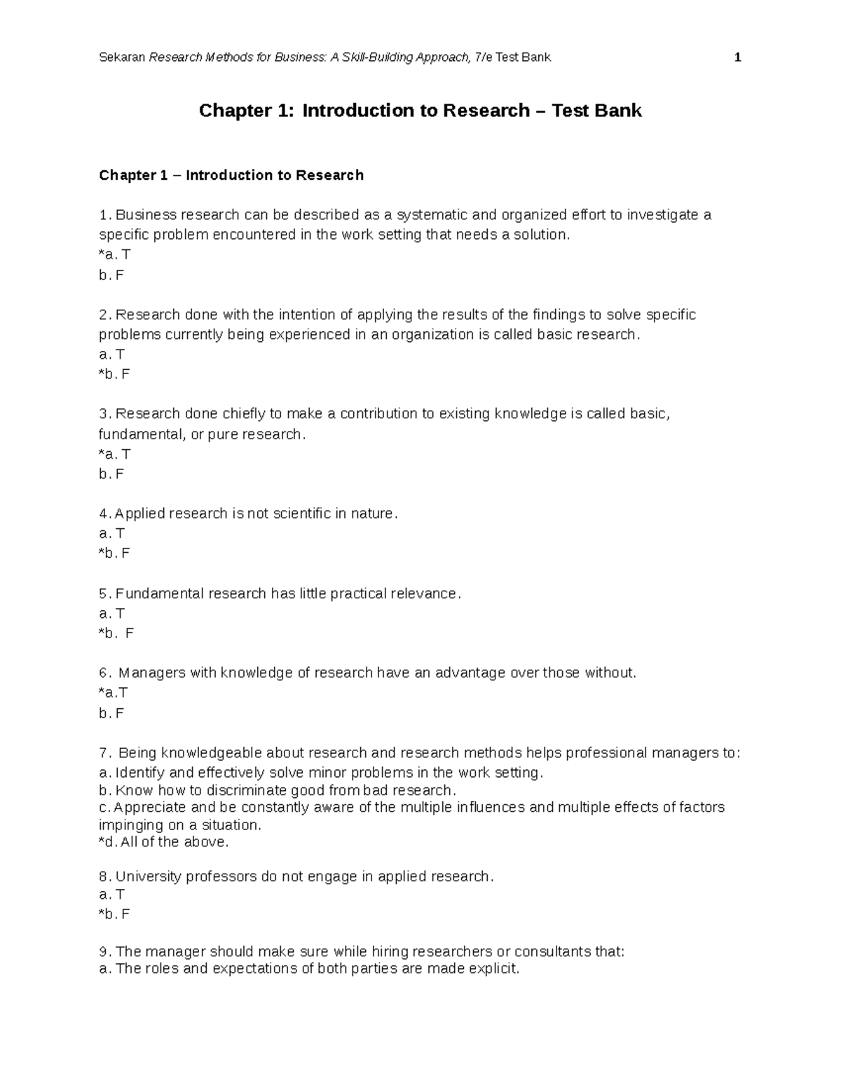 Test Bank-1 - Test Bank - Sekaran Research Methods For Business: A ...