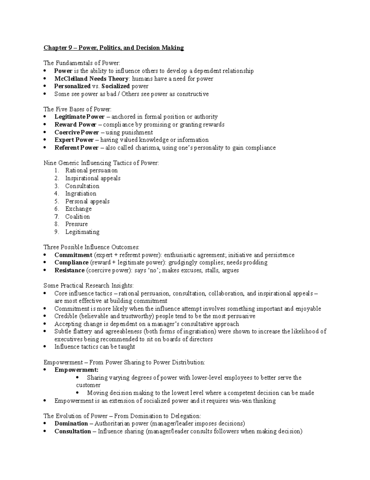 Chapter 9 – Power - Fall 2016 - Chapter 9 – Power, Politics, and ...
