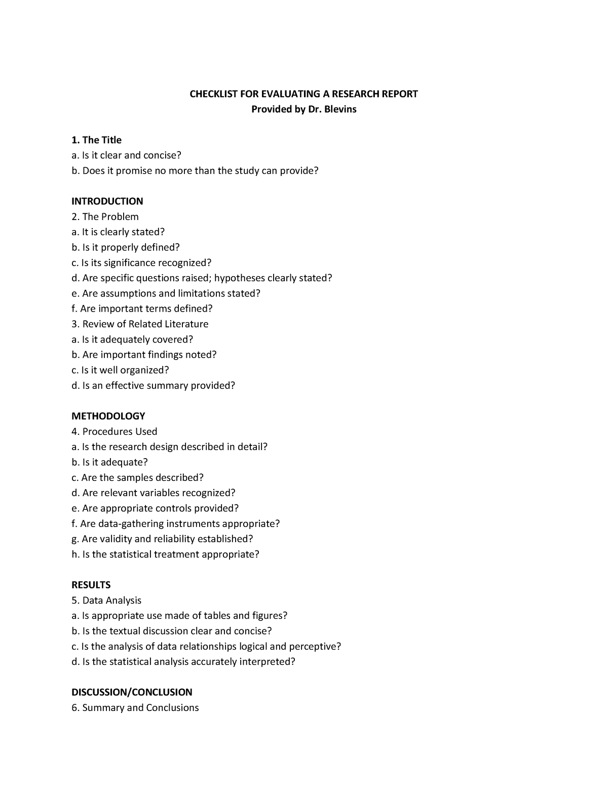 Checklist FOR Evaluating A Research Report - CHECKLIST FOR EVALUATING A ...