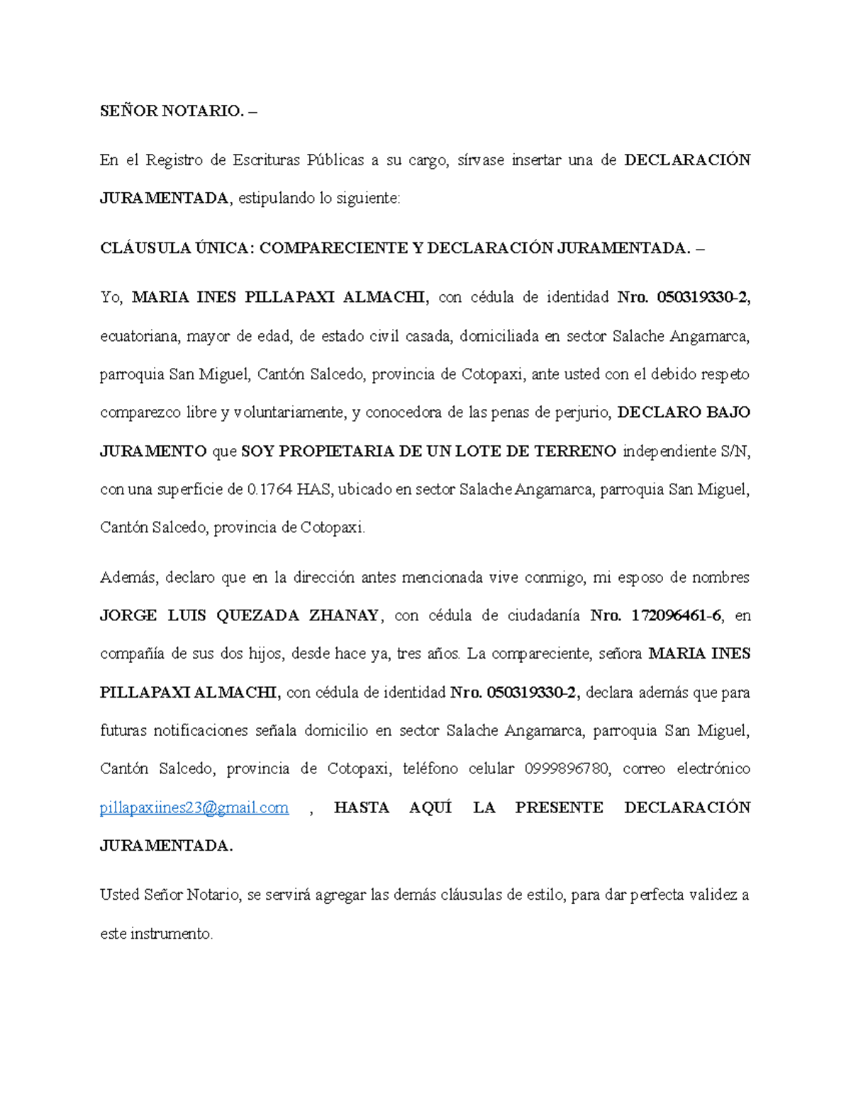 Declaración Juramentada - Flagrancia Quito - Modelo - SEÑOR NOTARIO ...