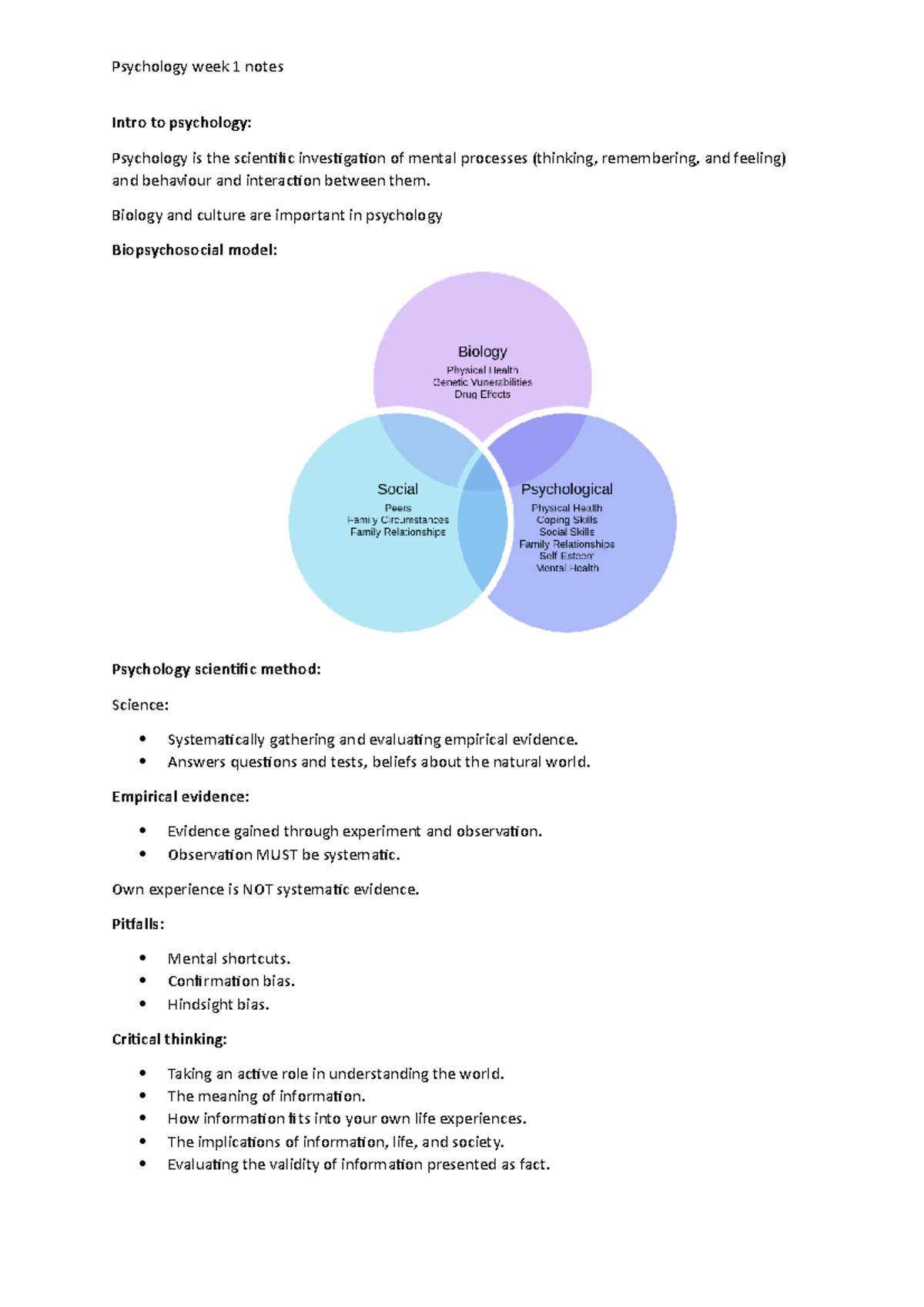 Week 1 notes - Intro to psychology: Psychology is the scientific ...