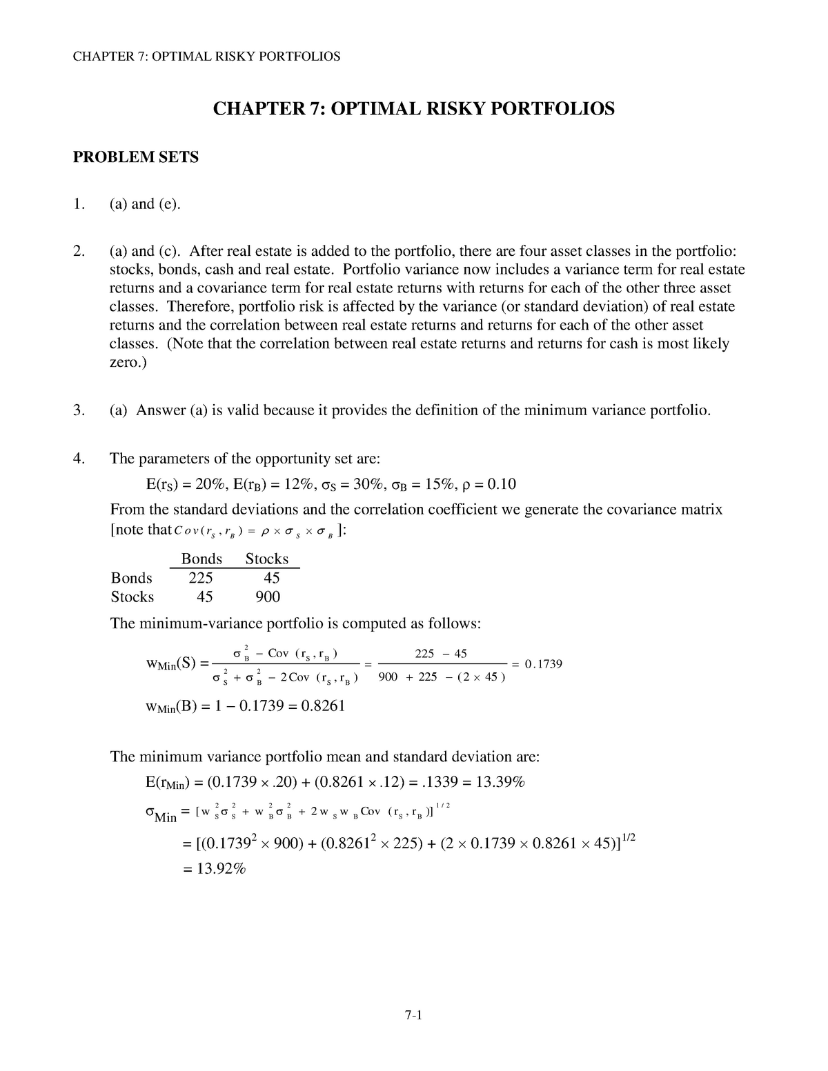 BKM9e-answers-Chap007 - CHAPTER 7: OPTIMAL RISKY PORTFOLIOS PROBLEM ...