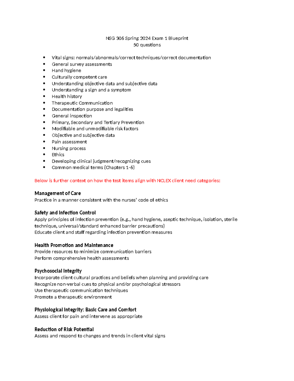 Exam 1 Blueprint SP 24 NSG 306 - NSG 306 Spring 2024 Exam 1 Blueprint ...