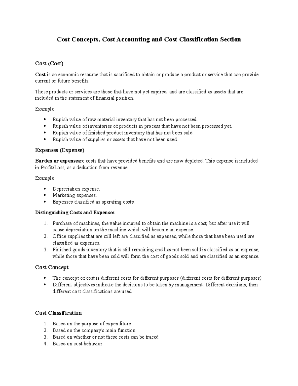 Cost Concepts, Cost Accounting and Cost Classification Section - These ...