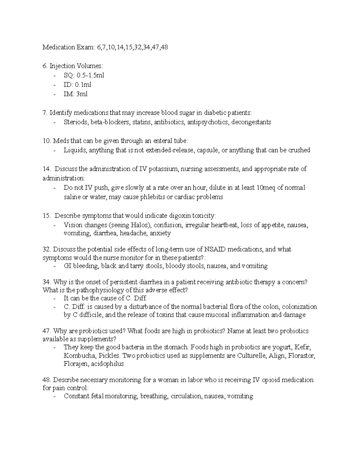 Medication Exam Study Guide - Medication Exam: 6,7,10,14,15,32,34,47 ...