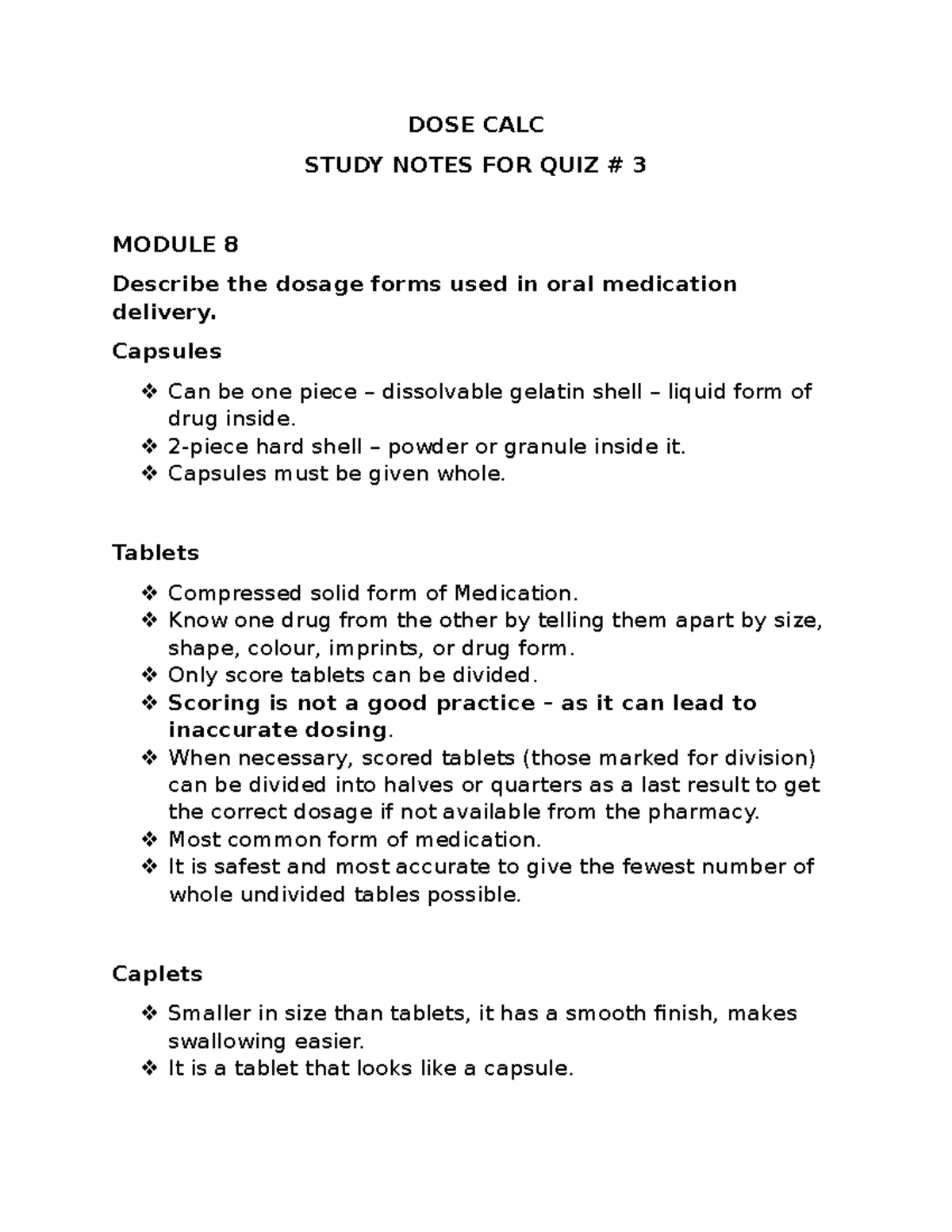 DOSE CALC - Study Notes FOR QUIZ 3 - DOSE CALC STUDY NOTES FOR QUIZ # 3 ...