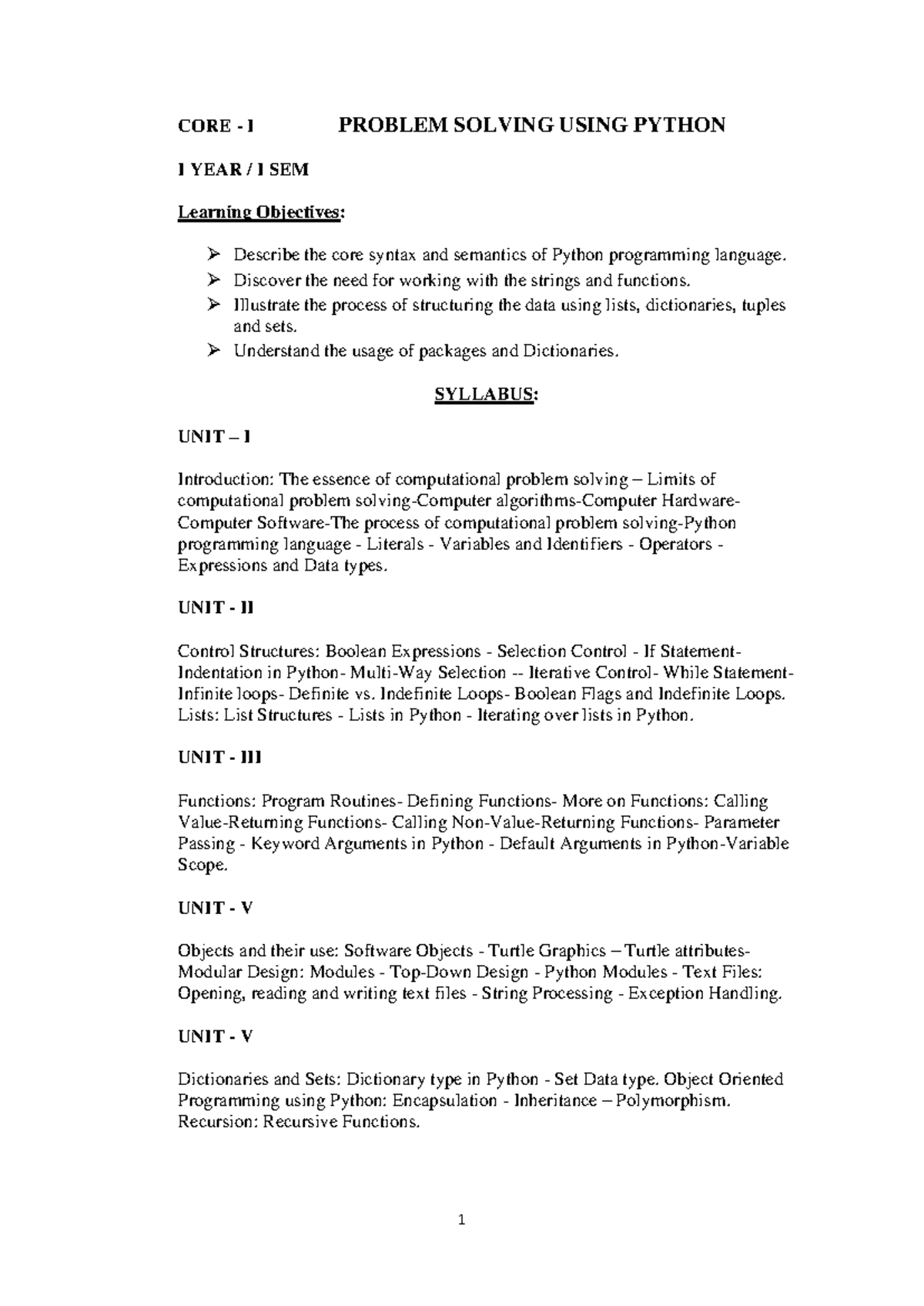 B - Good - CORE - I PROBLEM SOLVING USING PYTHON I YEAR / I SEM ...
