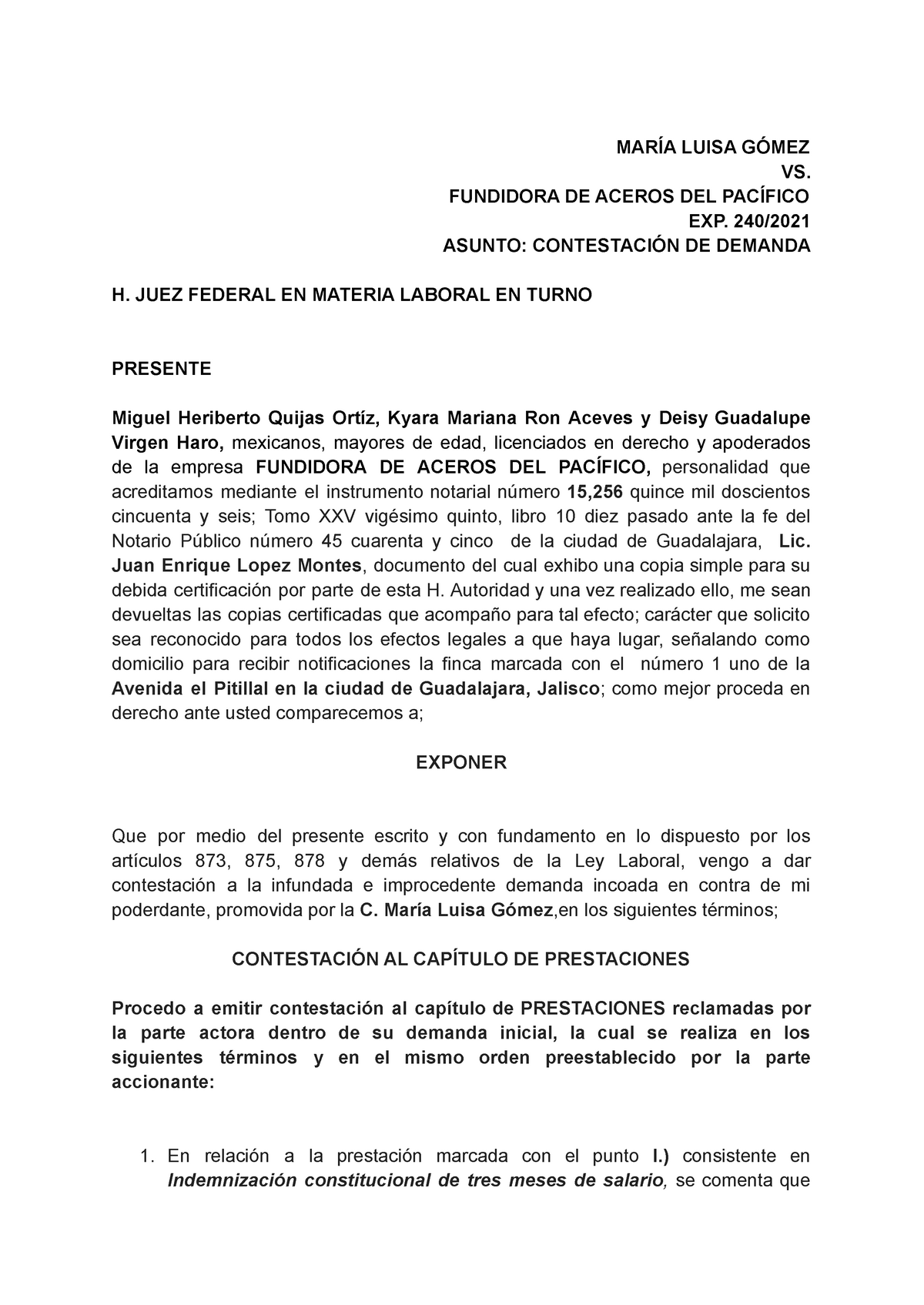 ejemplo Contestación demanda laboral nuevo sistema - MARÍA LUISA GÓMEZ VS.  FUNDIDORA DE ACEROS DEL - Studocu
