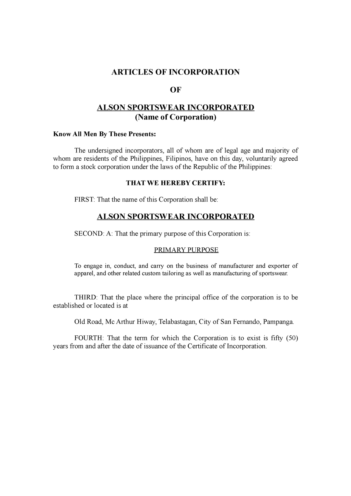 Articles of incorporation format ARTICLES OF INCORPORATION OF ALSON