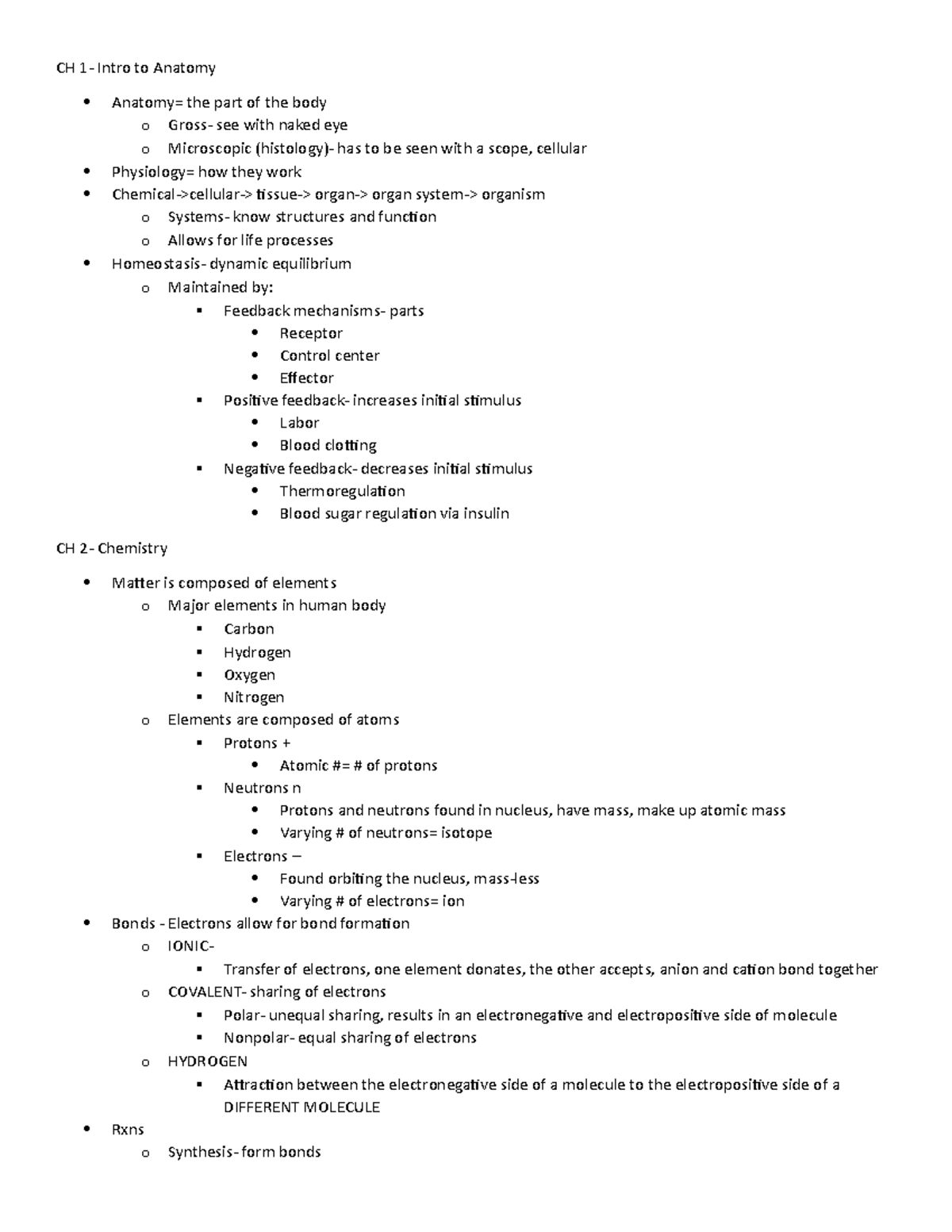 Exam 1 Outline (5) (1) - CH 1- Intro to Anatomy Anatomy= the part of ...