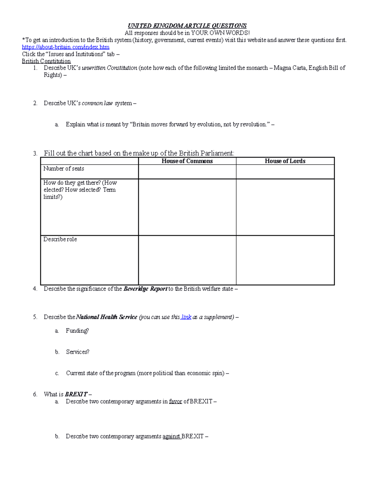 UK Article Questions - UNITED KINGDOM ARTCILE QUESTIONS All responses ...